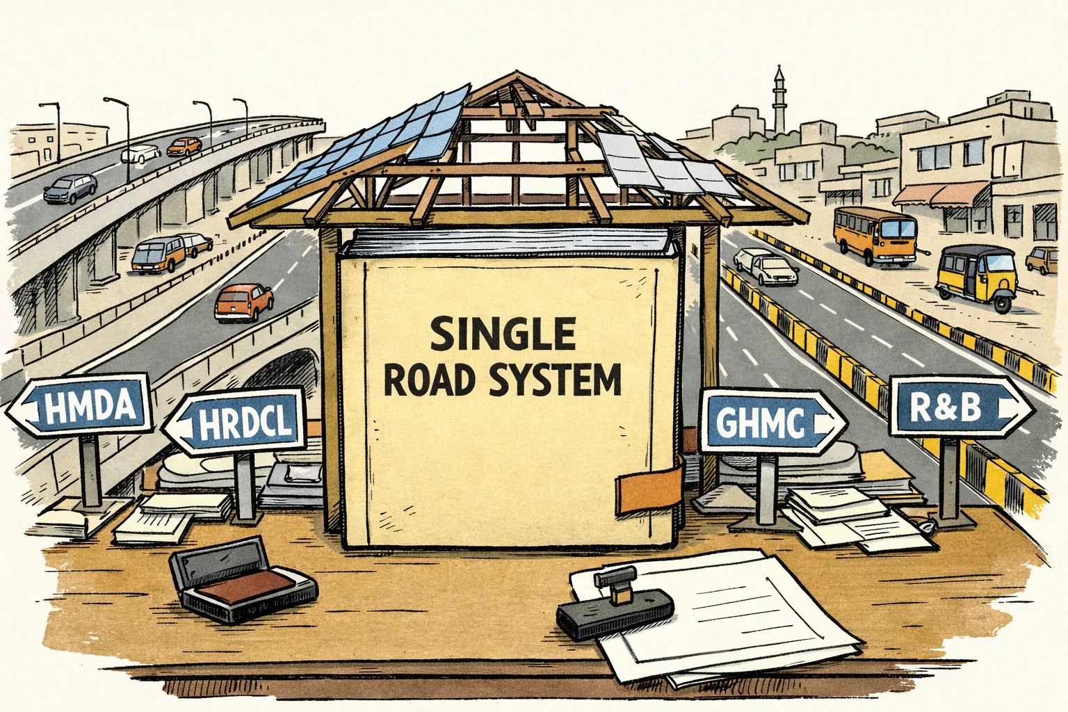 A large proposal file labelled “SINGLE ROAD SYSTEM” sits on a desk beneath a roof blueprint, while separate road signs for HMDA, HRDCL, GHMC and Roads & Buildings point in different directions; a Hyderabad flyover and the ORR appear in the background.