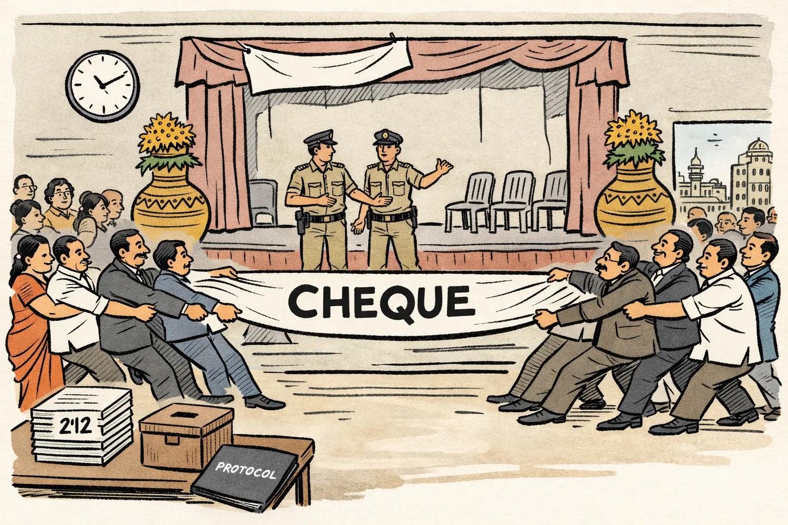 At a Secunderabad community-hall stage, two groups of anonymous politicians tug at an oversized cheque while police officers hold them apart; a neat stack of temple cheques waits on a side table beneath a Bonalu decoration.