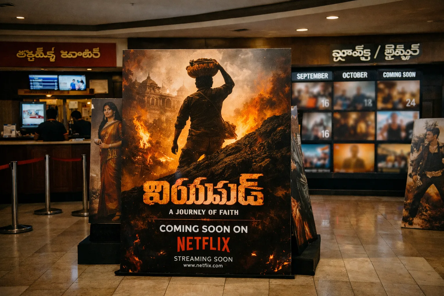 A promotional display for the Telugu film Irumudi stands in a multiplex lobby beside a large streaming-screen graphic.