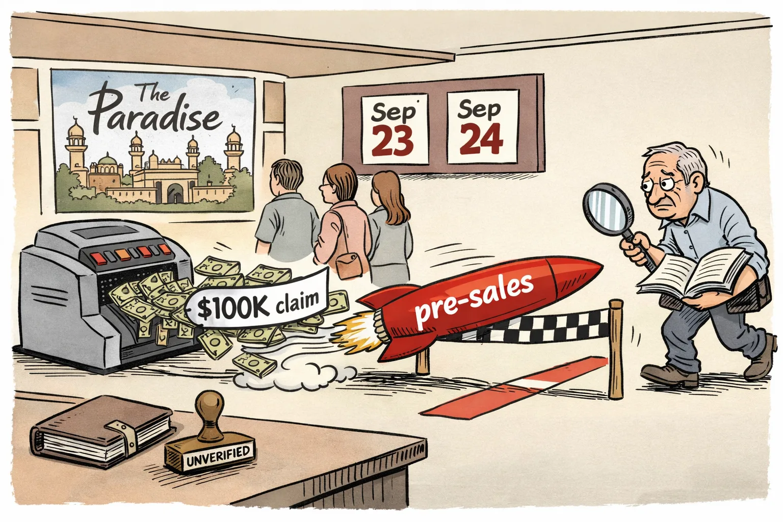 A cinema booking booth sends a stream of dollar bills marked “$100K claim” across a finish line, while an auditor with an empty ledger trails behind; a marquee shows September 23 and September 24.