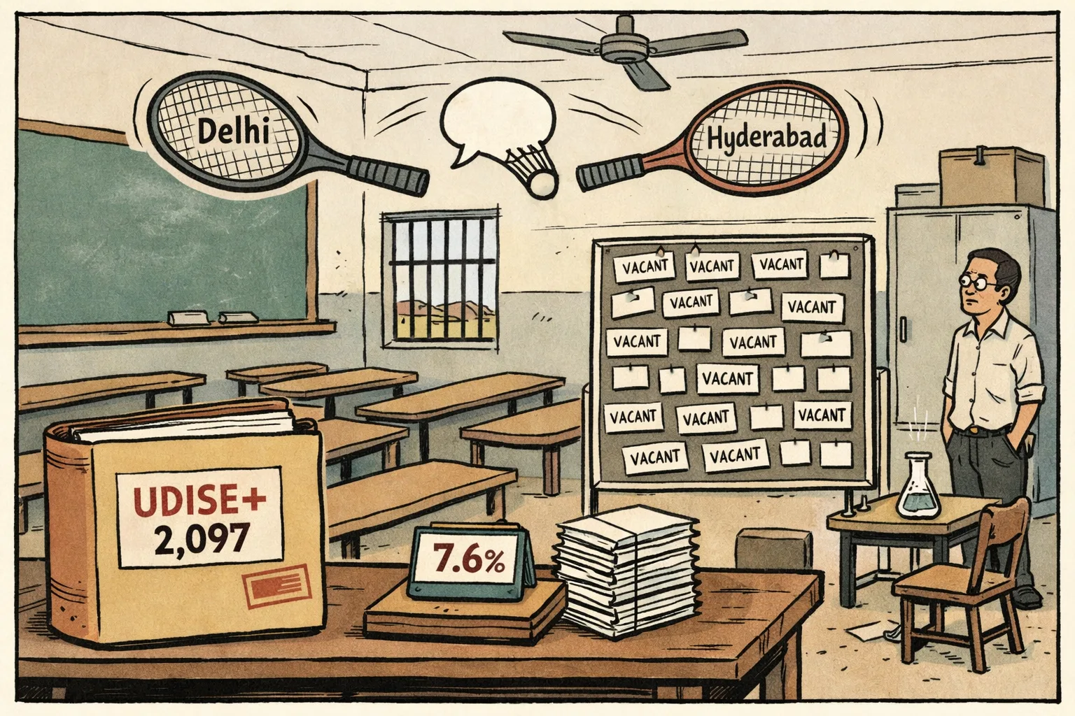A Telangana government-school classroom with rows of empty benches, a large official file labelled UDISE+ balanced on one bench, and two badminton rackets marked Delhi and Hyderabad suspended above the room while a small teacher stands beside an overflowing vacancy noticeboard.