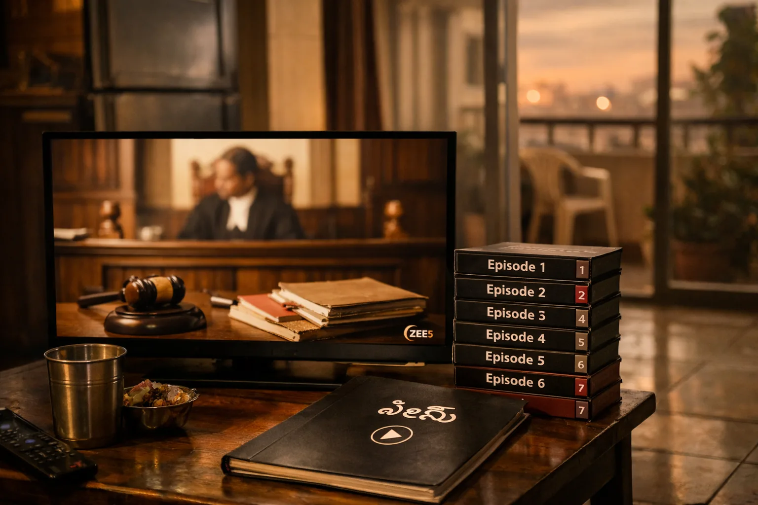 A Telugu legal-drama streaming setup shows a laptop with a generic courtroom image, seven episode tiles stacked beside it, a Telugu script marked with a play button, and a small courtroom gavel on a Hyderabad living-room table.