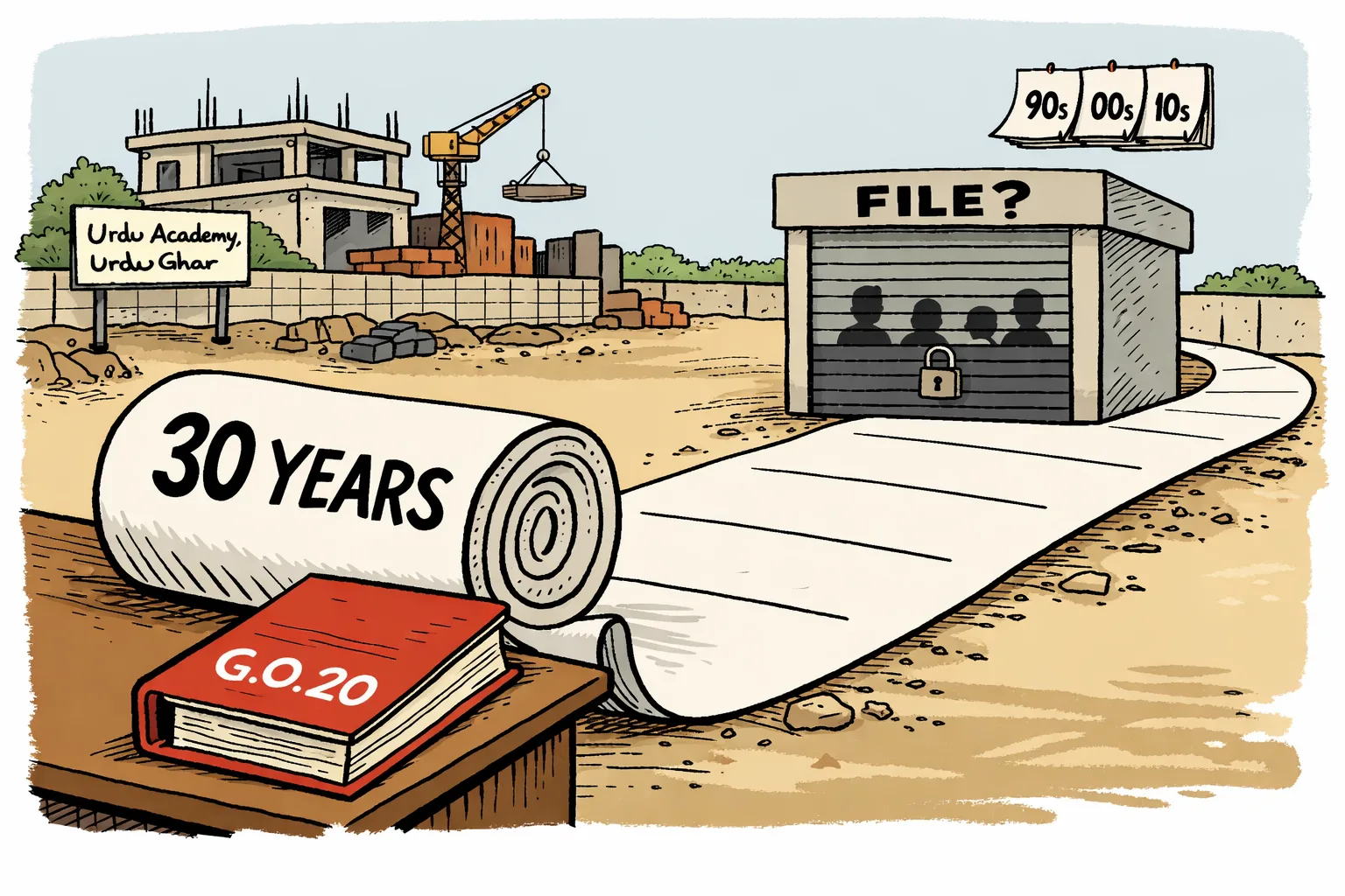A huge locked government file marked with a small land-plan seal sits on a desk, while a long lease document runs through a 30-year calendar and disappears behind a shuttered Telangana government office; a tiny construction crane and Urdu Academy sign are visible outside.