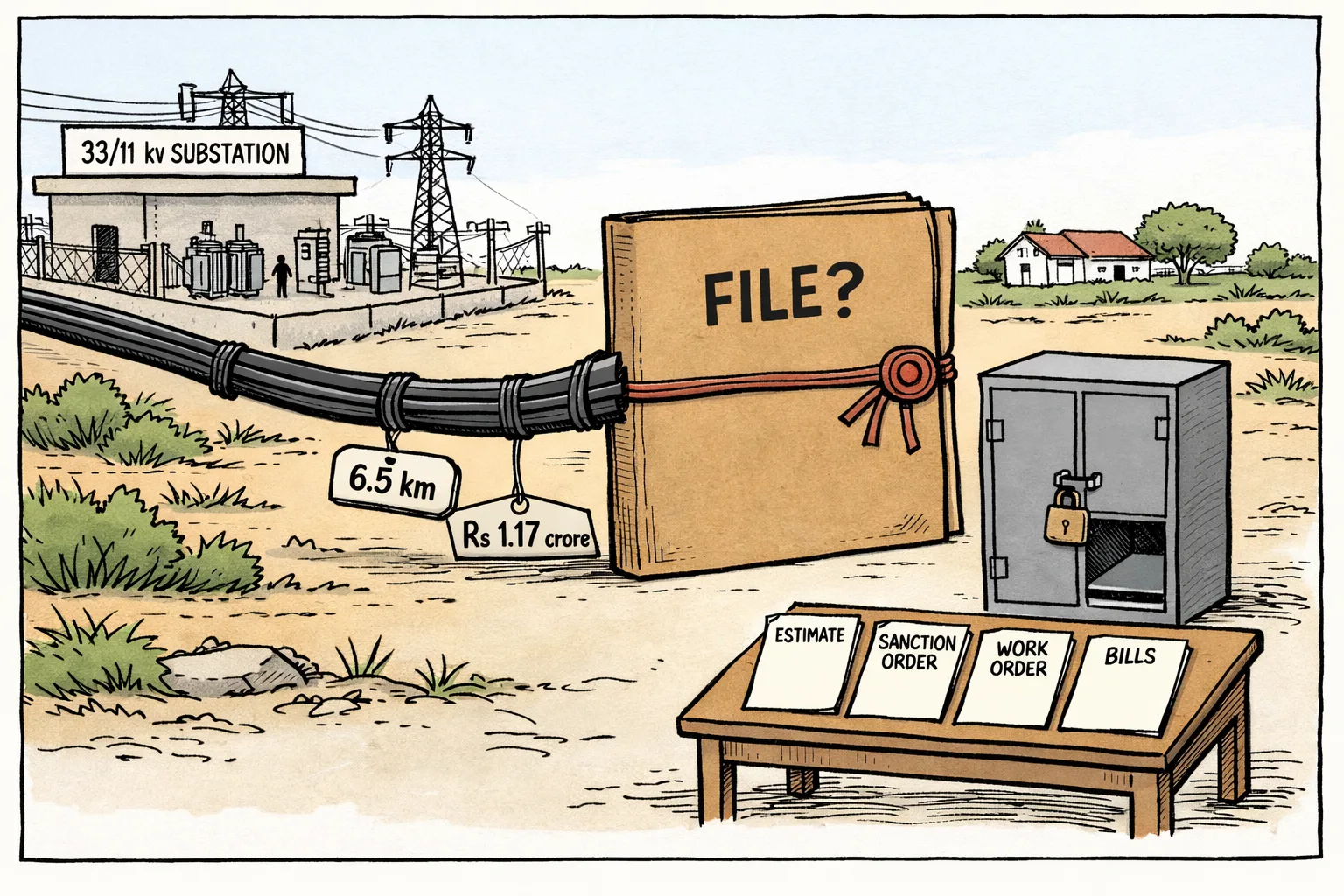 A large sealed TGSPDCL file marked with a question mark sits beside a model 11 kV power line running toward a farmhouse, while two empty office chairs and a locked records cupboard stand in the background.