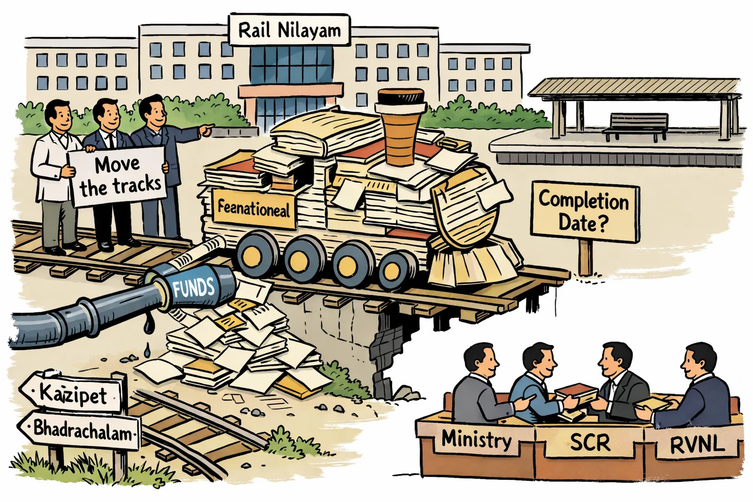 At Rail Nilayam, a paper railway engine made of sanctioned files stalls on tracks that end in mid-air while officials pass a file between counters and MPs point toward unfinished Kazipet and Bhadrachalam spurs.