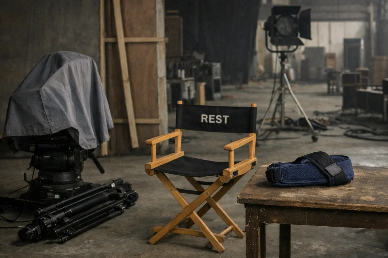 A quiet film set in Hyderabad stands idle, with a covered camera, a director’s chair marked “REST”, and a sling resting on a prop table; crew equipment and studio lights sit in the background.