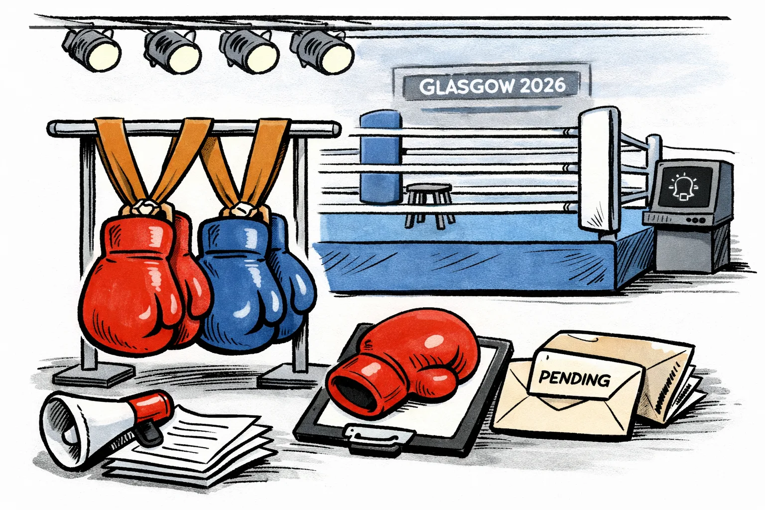 Two Indian boxing gloves hang from medal ribbons over a Glasgow 2026 boxing ring, while a third glove remains beside a clipboard marked as awaiting confirmation.