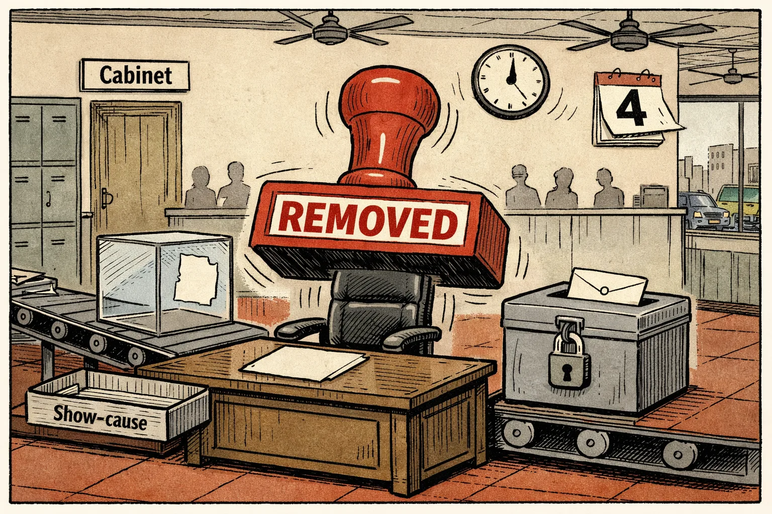An oversized red stamp marked "REMOVED" descends onto an empty ministerial desk in a Telangana government office, while a sealed explanation file sits locked away beside it.