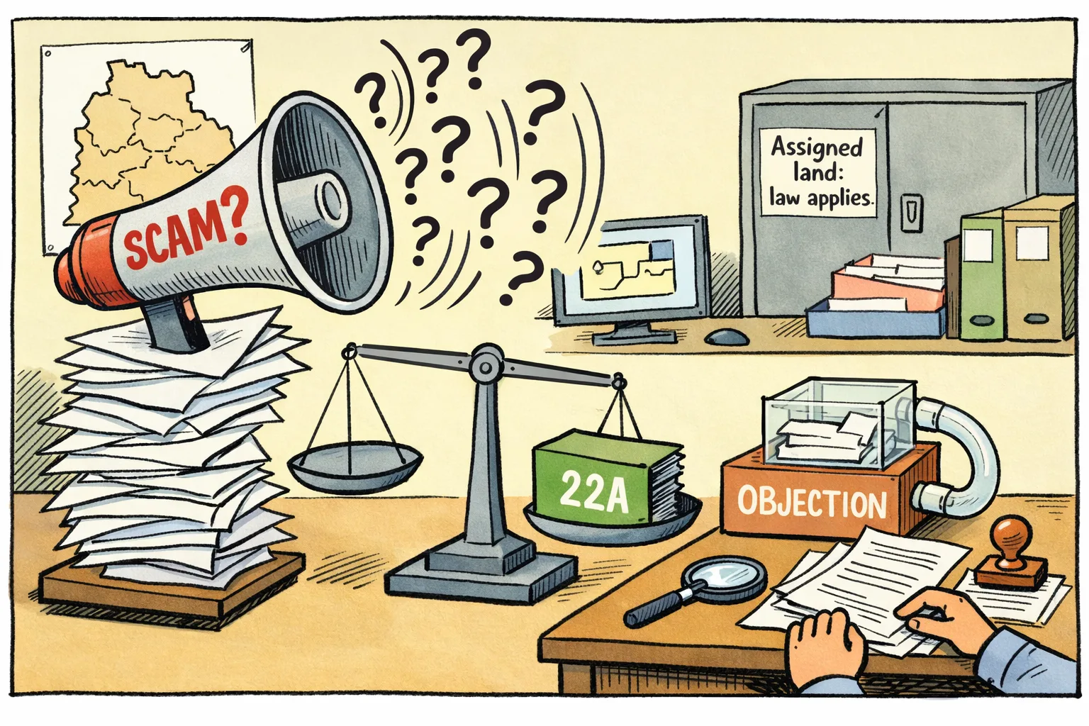 A Telangana-style revenue office records desk weighs a labelled 22A file and objection box against a large question-mark loudspeaker sitting on unverified papers.