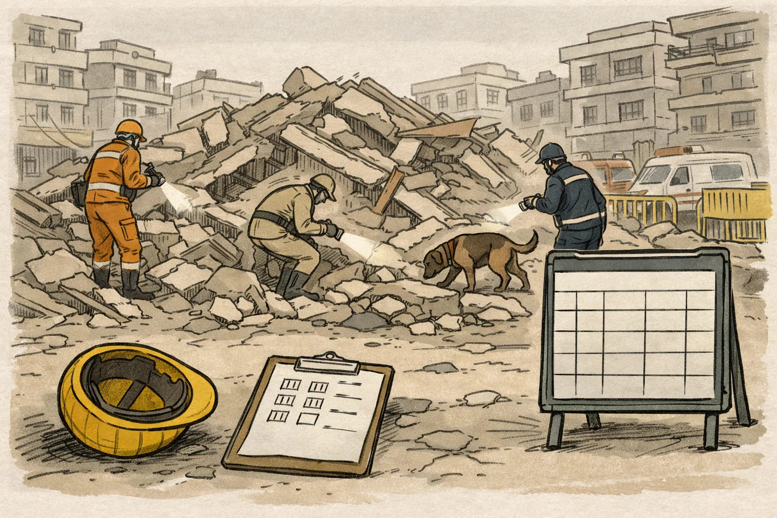 Rescue workers and a search dog examine the debris of a collapsed hostel beside an unfinished casualty-count board and scattered emergency equipment.