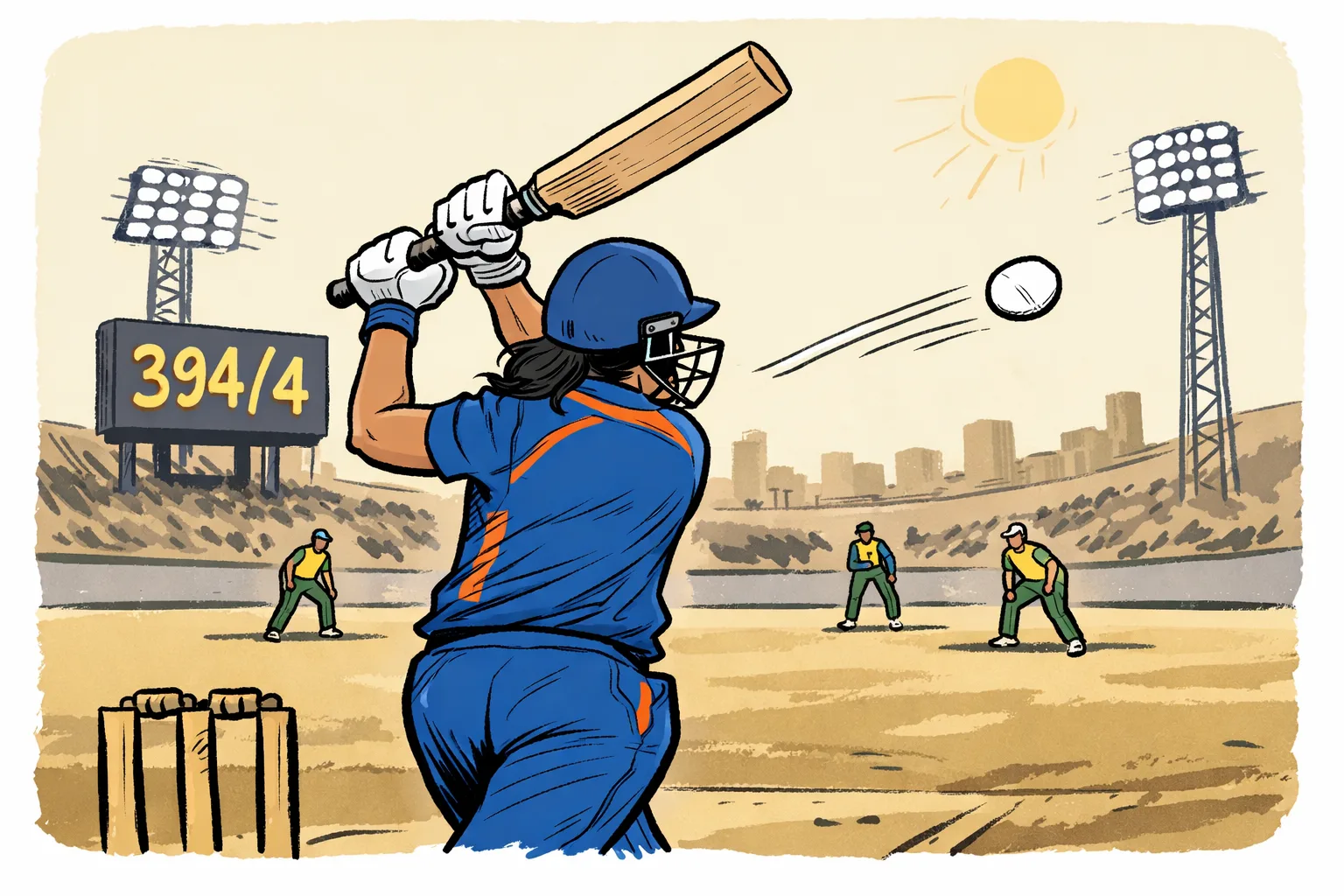 An Indian women’s cricketer raises her bat at the crease as the ball travels toward the boundary under Dubai stadium floodlights.