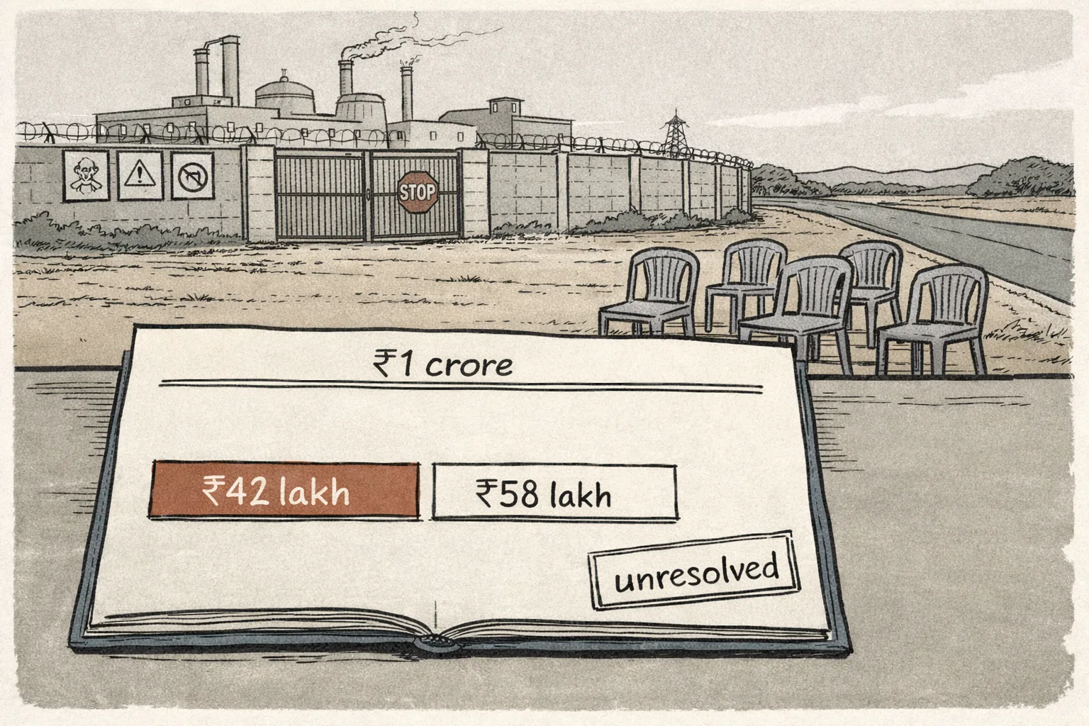 A sober editorial illustration of a sealed industrial building in Telangana beside an official compensation ledger showing ₹1 crore at the top and an unresolved ₹58 lakh gap, with families represented only by small empty chairs in the foreground.