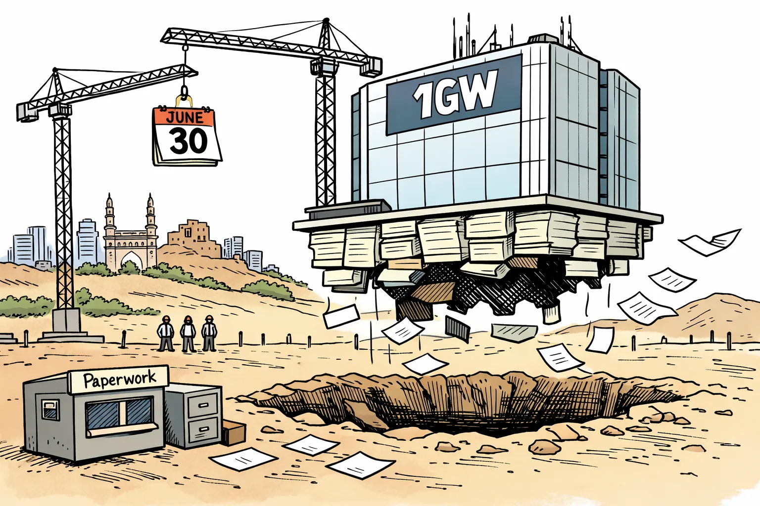 A huge futuristic data centre rises over a vacant Hyderabad plot, but its foundation is made of empty folders and missing forms beside a closed paperwork counter.