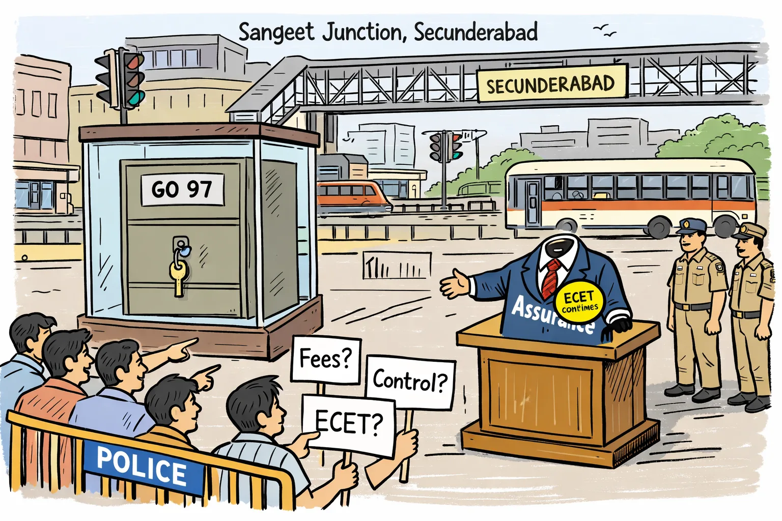 At a Secunderabad junction, polytechnic students with question placards face a locked cabinet marked GO 97, while an empty costume labelled Assurance stands beside it and police remain behind a barricade.