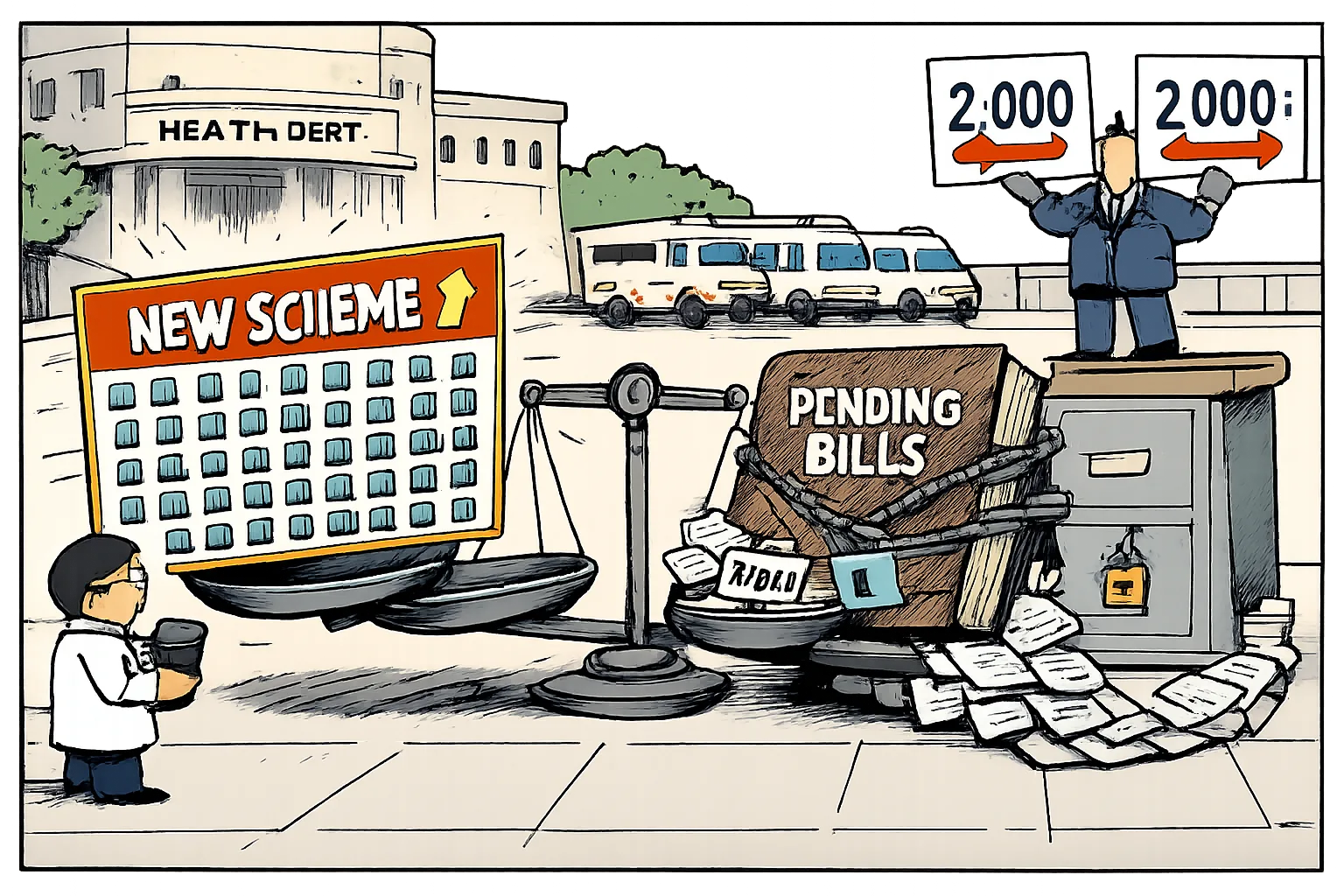 Outside a Telangana health department office, a bright new hospital scheme sign stands beside a locked cabinet overflowing with unpaid bills, while oversized number cards point in opposite directions.