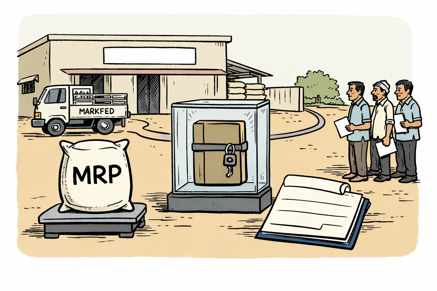 A fertiliser sack marked “MRP” sits on a weighing scale beside a locked file stamped “July 8 order”; a small truck marked “MARKFED” waits outside a Telangana cooperative society, while farmers stand nearby holding blank receipts.
