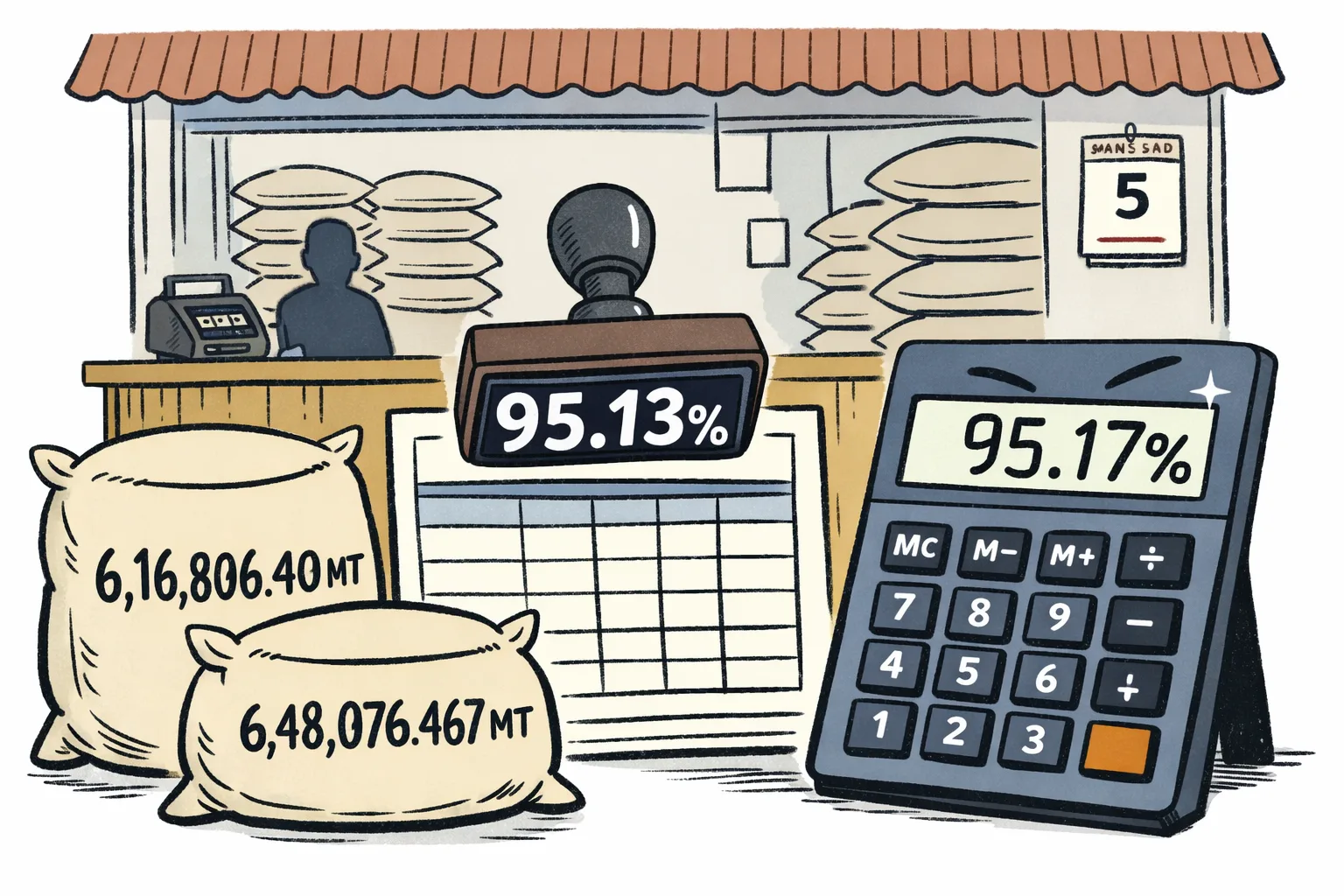 A Telangana ration shop contains fortified-rice sacks, an official chart stamped 95.13 per cent and a calculator displaying 95.17 per cent.