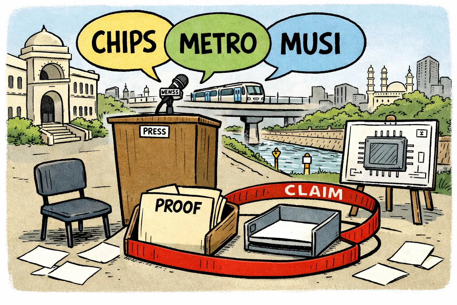 An oversized press microphone projects labels for chips, Metro and Musi over an empty evidence file, while Hyderabad development projects appear in the background.