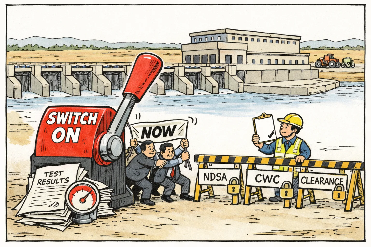 A cartoon at a Telangana barrage shows indistinct political figures pulling a giant switch marked ‘SWITCH ON’ while an engineer holds warning test papers behind barricades labelled NDSA, CWC and clearance; the pumps remain off.