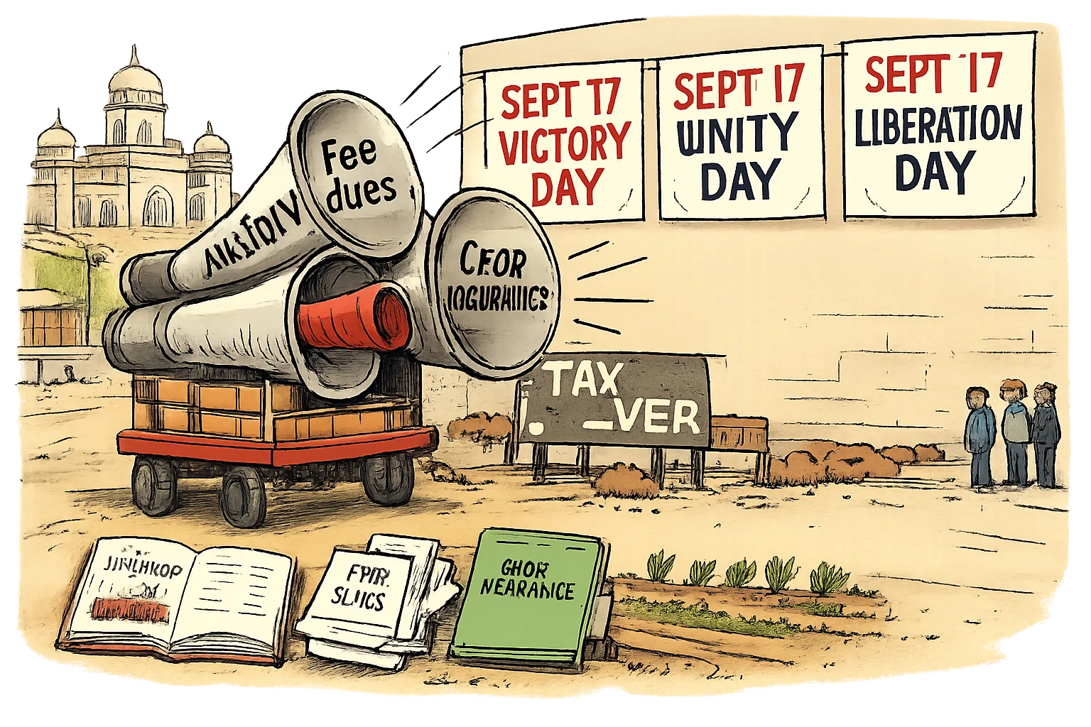 A three-mouthed campaign loudspeaker labelled History, Fee dues and Crop insurance stands beside an incomplete TAKEOVER sign, with a textbook, unpaid fee bills and a crop-insurance file in the foreground.