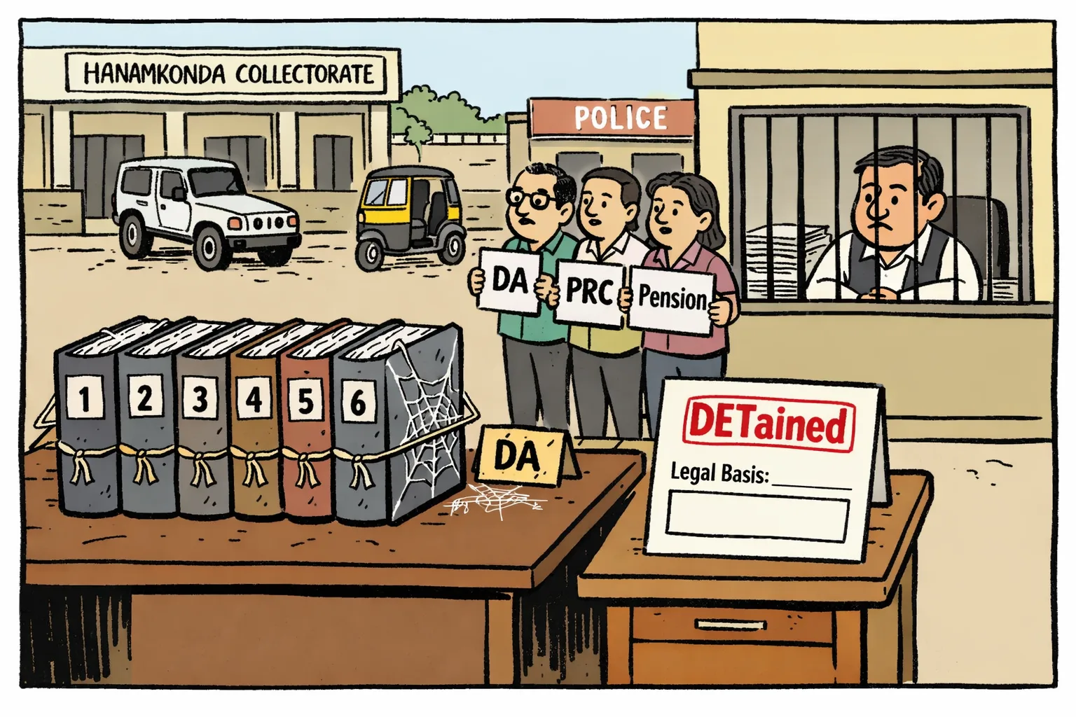 Outside a Hanamkonda government office, six dusty DA files sit beside a freshly stamped detention form with its legal-basis box blank, while employees hold simple demand placards and a police vehicle waits in the background.