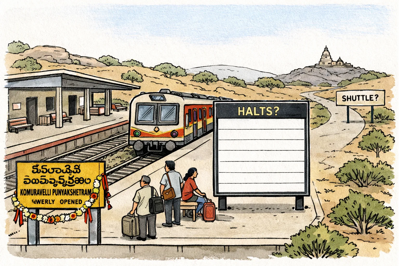 A freshly inaugurated railway platform near Komuravelli has a waiting hall, a stationary DEMU train and a long road leading toward a distant temple, while an empty timetable board stands beside the tracks.