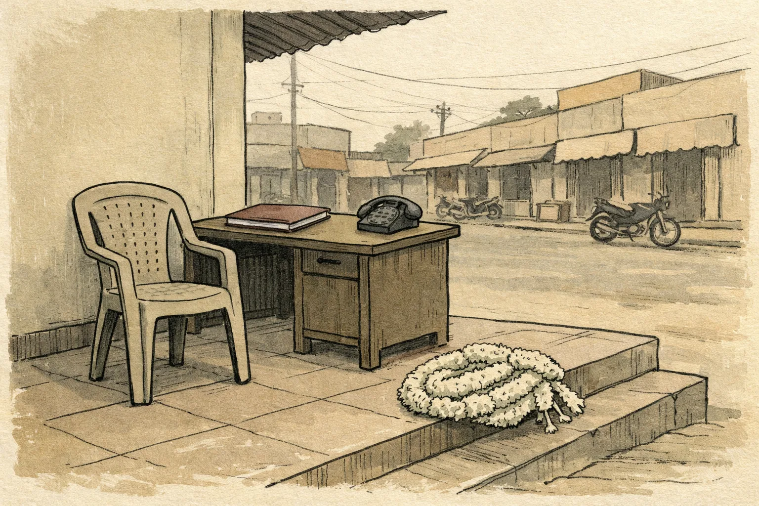 A quiet Narsampet street in Telangana with a vacant public office chair beneath a faded service banner, a stack of condolence garlands resting on the steps, and closed shops in the background.