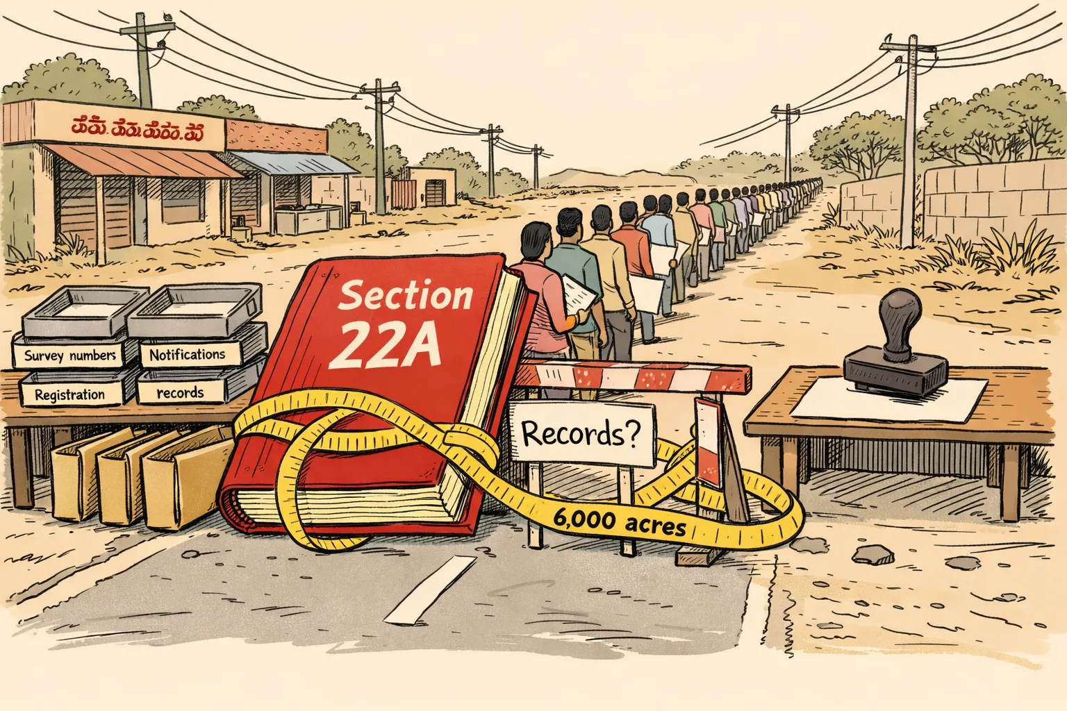 A blank Section 22A register and empty records trays block a Karimnagar road while residents wait with land papers and a measuring tape marked 6,000 acres lies tangled around the register.