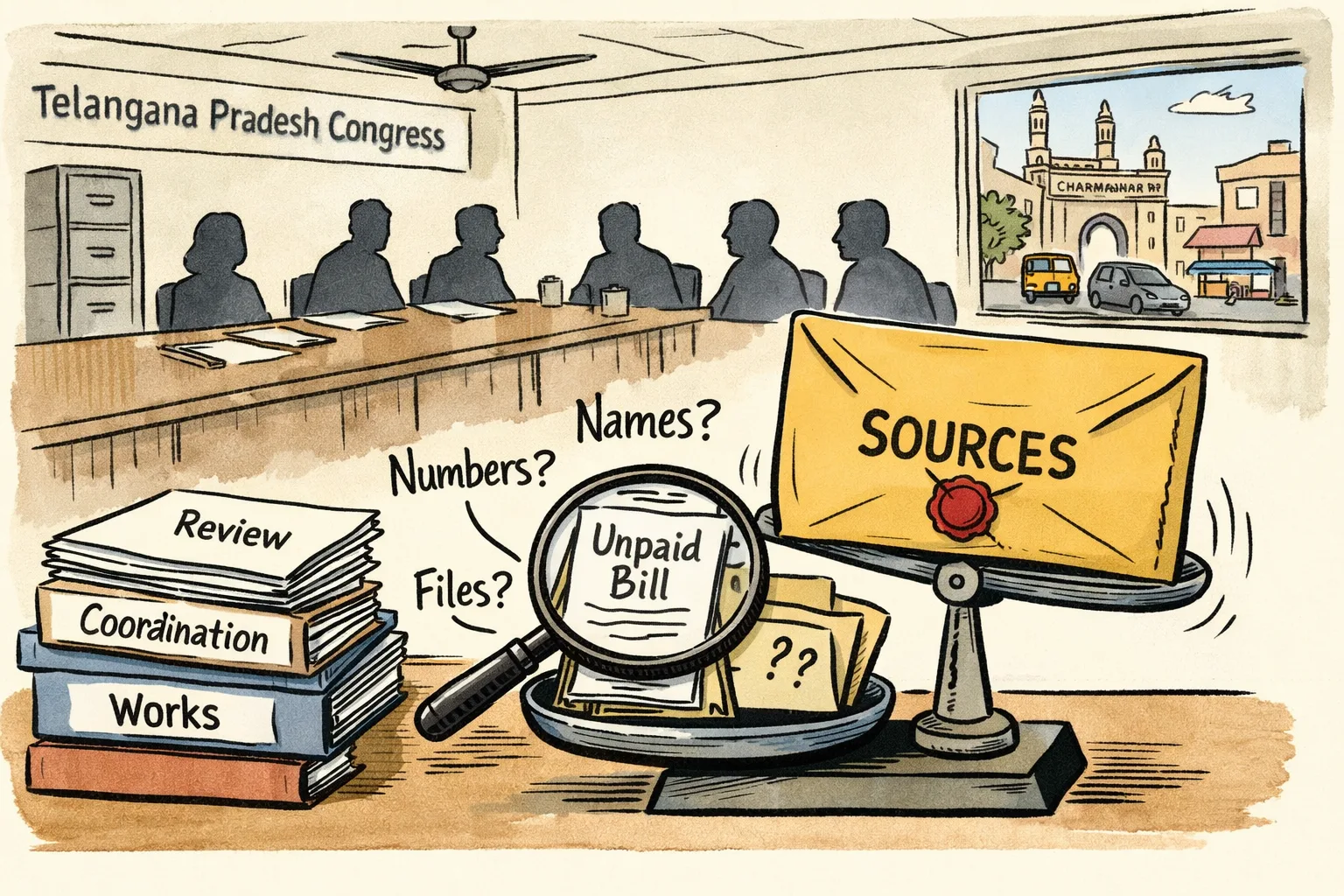 A Telangana political review table holds questionnaires, party files and a large sealed envelope labelled “Sources”, while a contractor’s unpaid bill sits beneath a transparent magnifying glass marked “Names? Numbers? Files?”