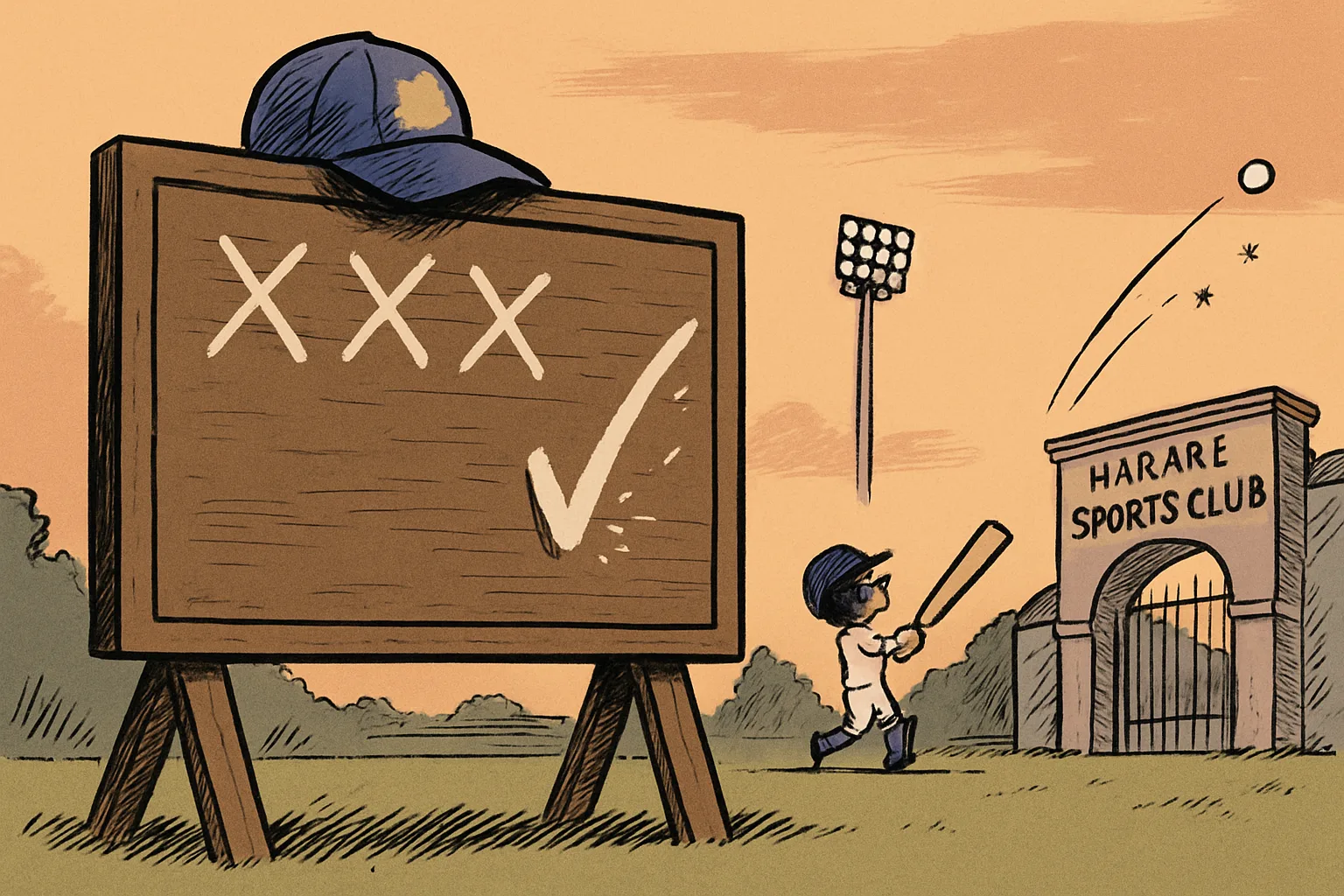Cartoon of a tall wooden cricket scoreboard outside a stadium gate labelled Harare Sports Club, showing six crossed-out losing marks and a seventh with a triumphant tick, a captain's cap balanced on top, while in the background a tiny silhouetted batter swings an oversized bat sending a ball toward drawn stars.