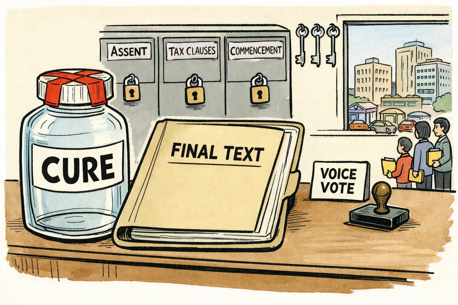 An empty medicine bottle marked CURE sits beside a blank final document folder, while locked filing cabinets labelled assent, tax clauses and commencement stand behind it.
