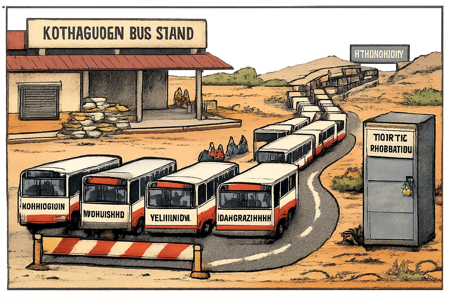 Four buses from Telangana towns are blocked from a direct Hyderabad route and diverted onto a narrow road toward Khammam, beside a blank timetable board and an overflowing TGRTC file cabinet.
