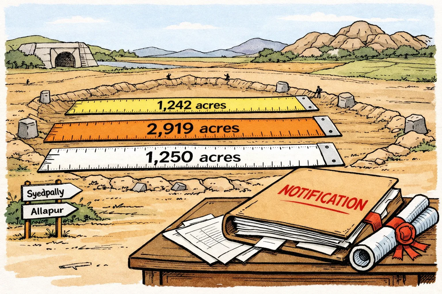 Three oversized measuring tapes marked 1,242 acres, 2,919 acres and 1,250 acres measure the same proposed reservoir site in a Vikarabad field, beside an unopened notification file and survey papers.