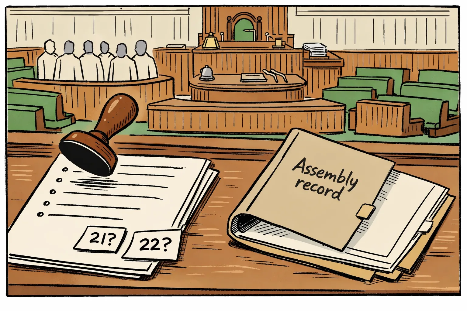 Inside the Telangana Assembly, an official suspension file sits beneath an undecided stamp beside two loose slips marked 21 and 22, while indistinct legislators stand near the Well in the background.