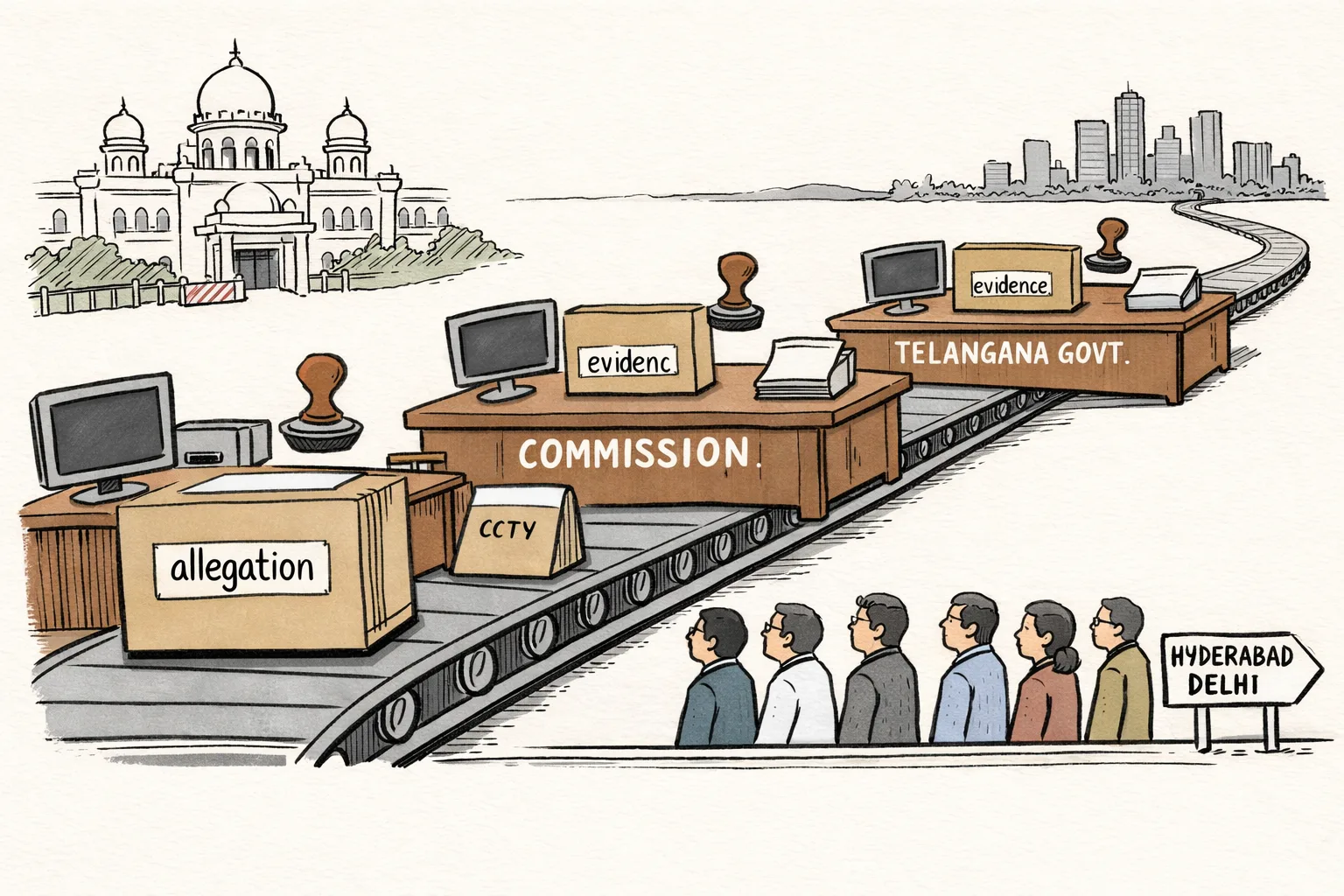 A complaint file travels on a conveyor belt from the Telangana Assembly past oversized police and commission desks, where stamps hover above it without landing; empty evidence folders and a blank CCTV monitor sit nearby.