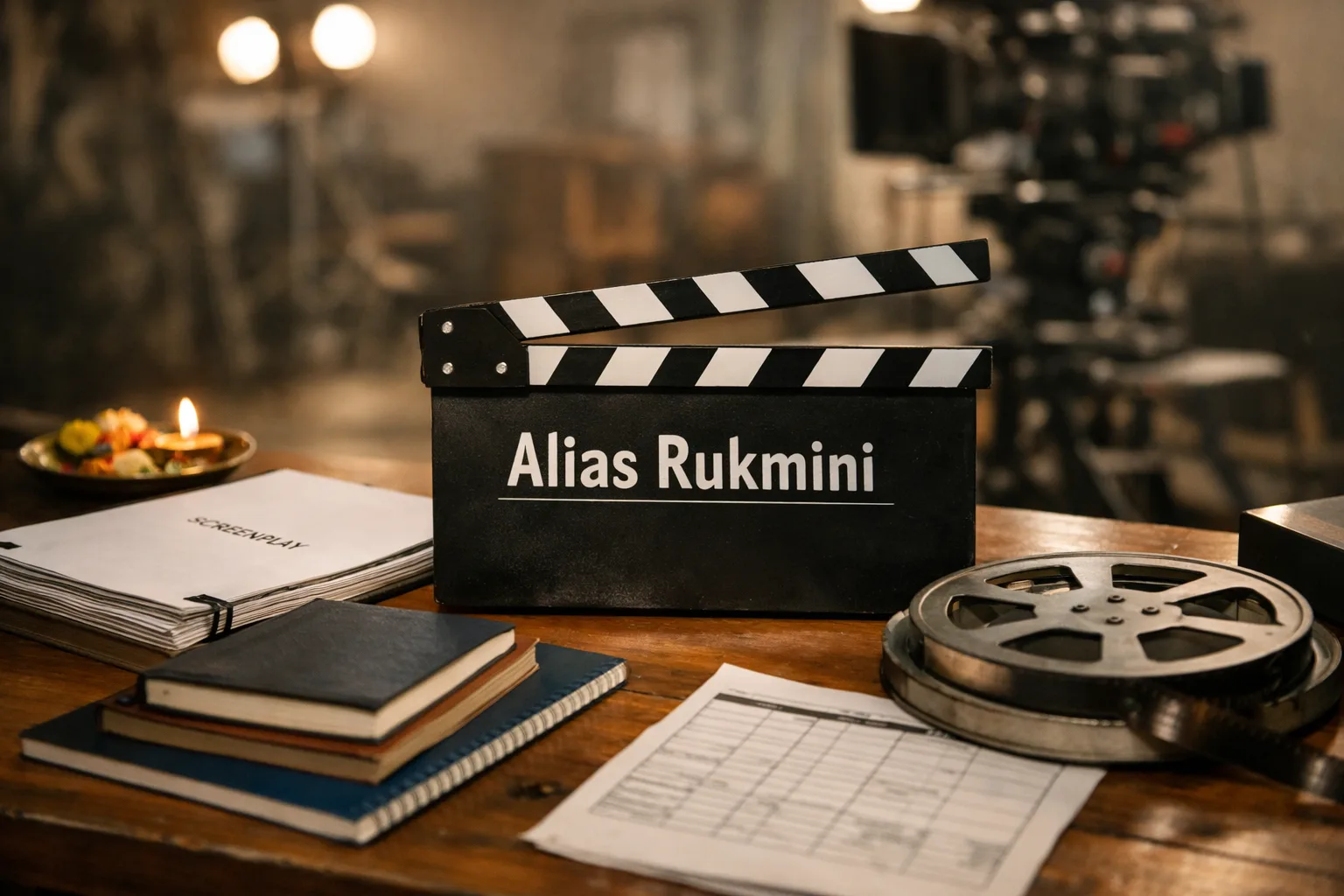 A photorealistic film-promotion still showing a Telugu cinema clapperboard, script pages, novels, and a poster-like title card for Alias Rukmini on a Hyderabad studio desk, with film lights and production equipment in the background.