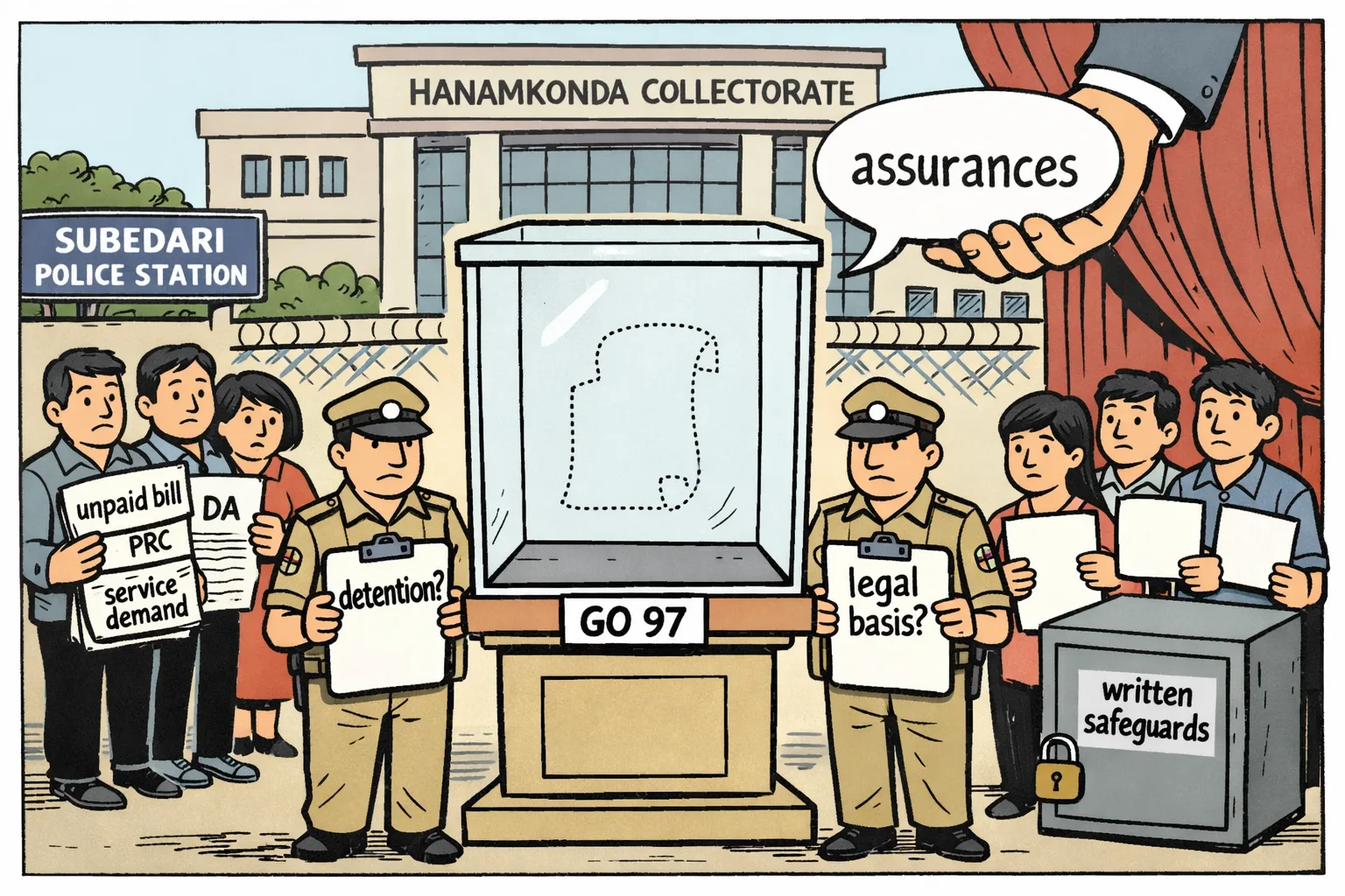 Outside a Hanamkonda government building, police guard an empty glass cabinet labelled GO 97 while employees and students wait with folders and unanswered paperwork.
