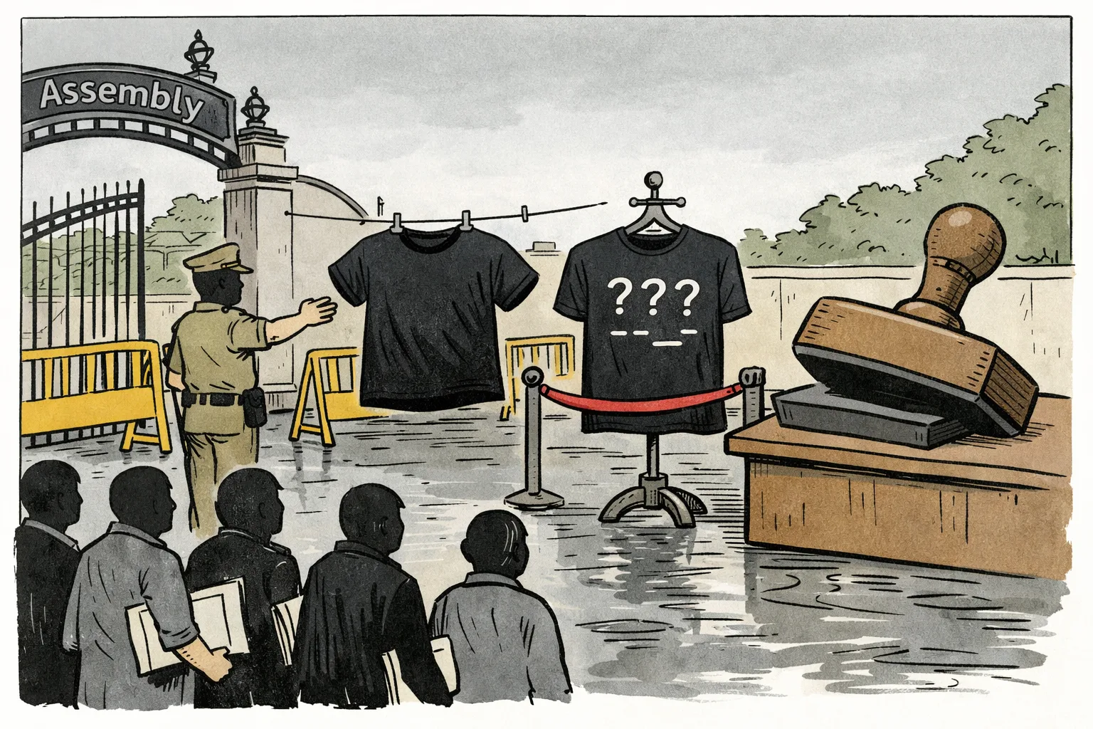 At the Telangana Assembly gate, a blank black T-shirt is waved through while another black T-shirt marked with abstract question marks is held behind a barrier beside a large pending stamp.