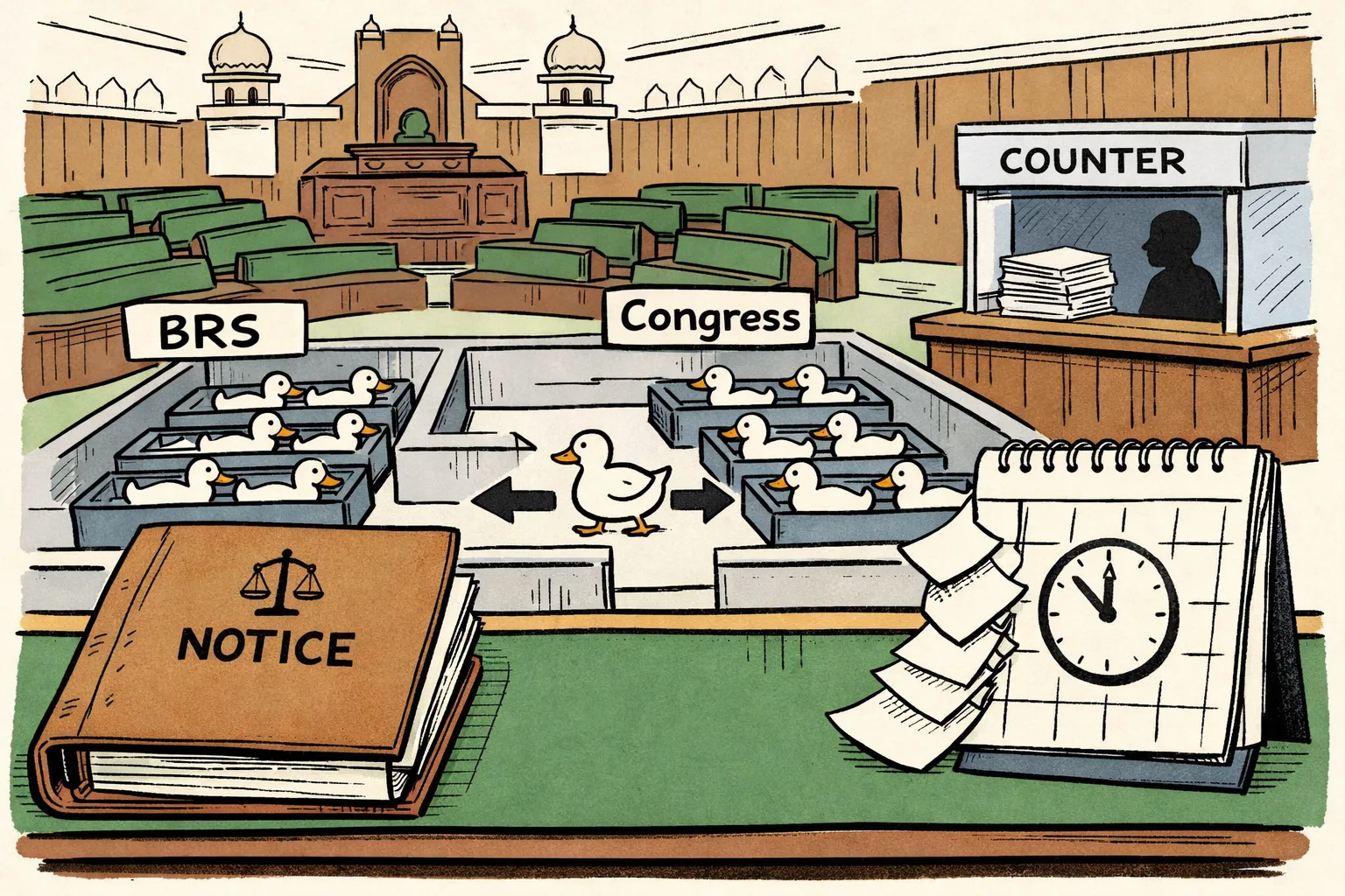 A Telangana Legislative Assembly chamber contains a huge judicial file marked with a simple scales-of-justice symbol, while a wall calendar shows several pages being peeled away and a row of identical ducks crosses between the Speaker’s desk and a Congress-coloured office bench.