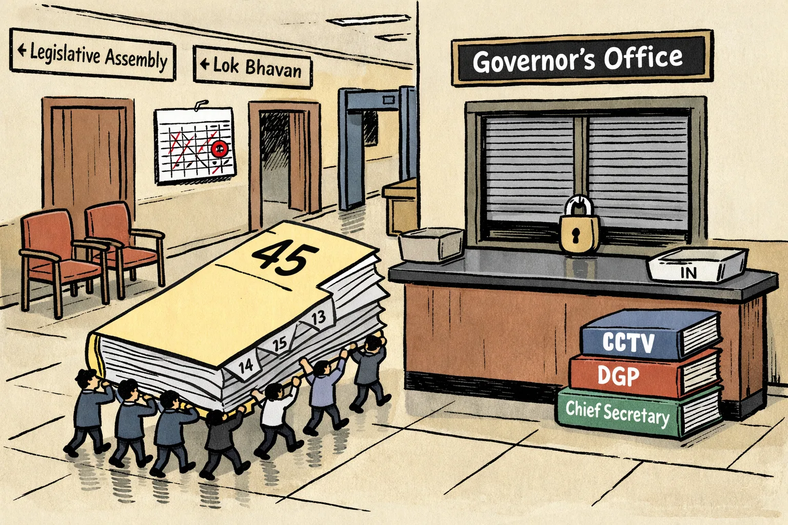 An oversized 13-page file marked “45 points” arrives at a locked Governor’s Office counter in a Telangana Legislature corridor, beside an untouched stack of reports and two empty chairs.