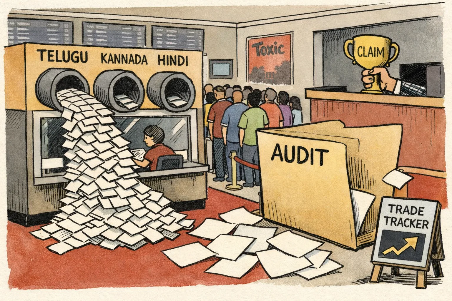 In a US multiplex lobby, a crowded Telugu-labelled ticket pipe fills a box office with tickets while an empty audit folder spills blank papers beside a restrained victory trophy.