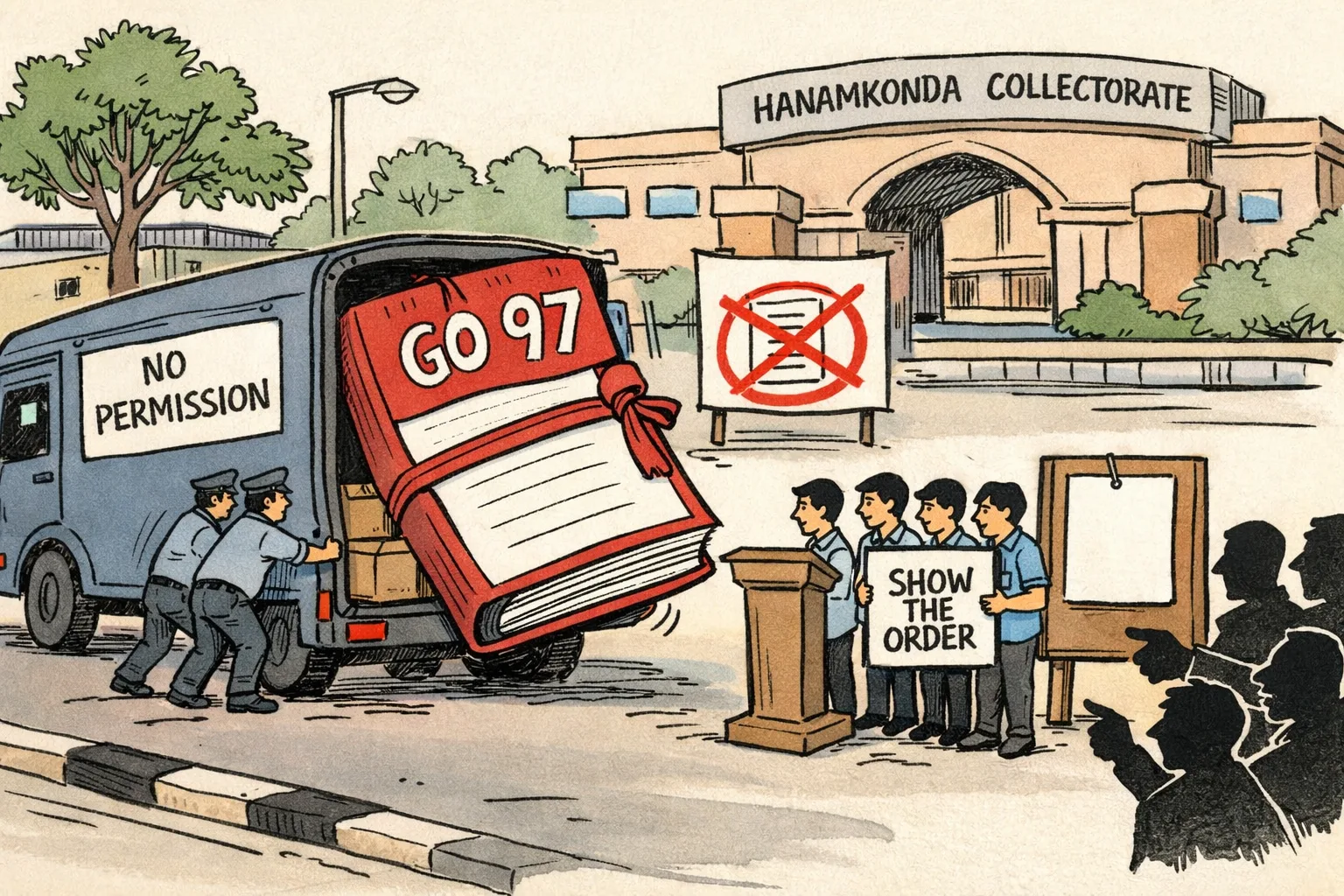 A police van outside the Hanamkonda Collectorate is loaded with an oversized file marked GO 97, while polytechnic students stand beside an empty lectern and a blank noticeboard asking to see the order.