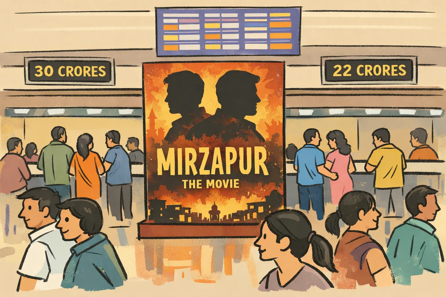 A Hyderabad multiplex lobby displays a Mirzapur: The Movie standee beside ticket counters and a showtimes board.