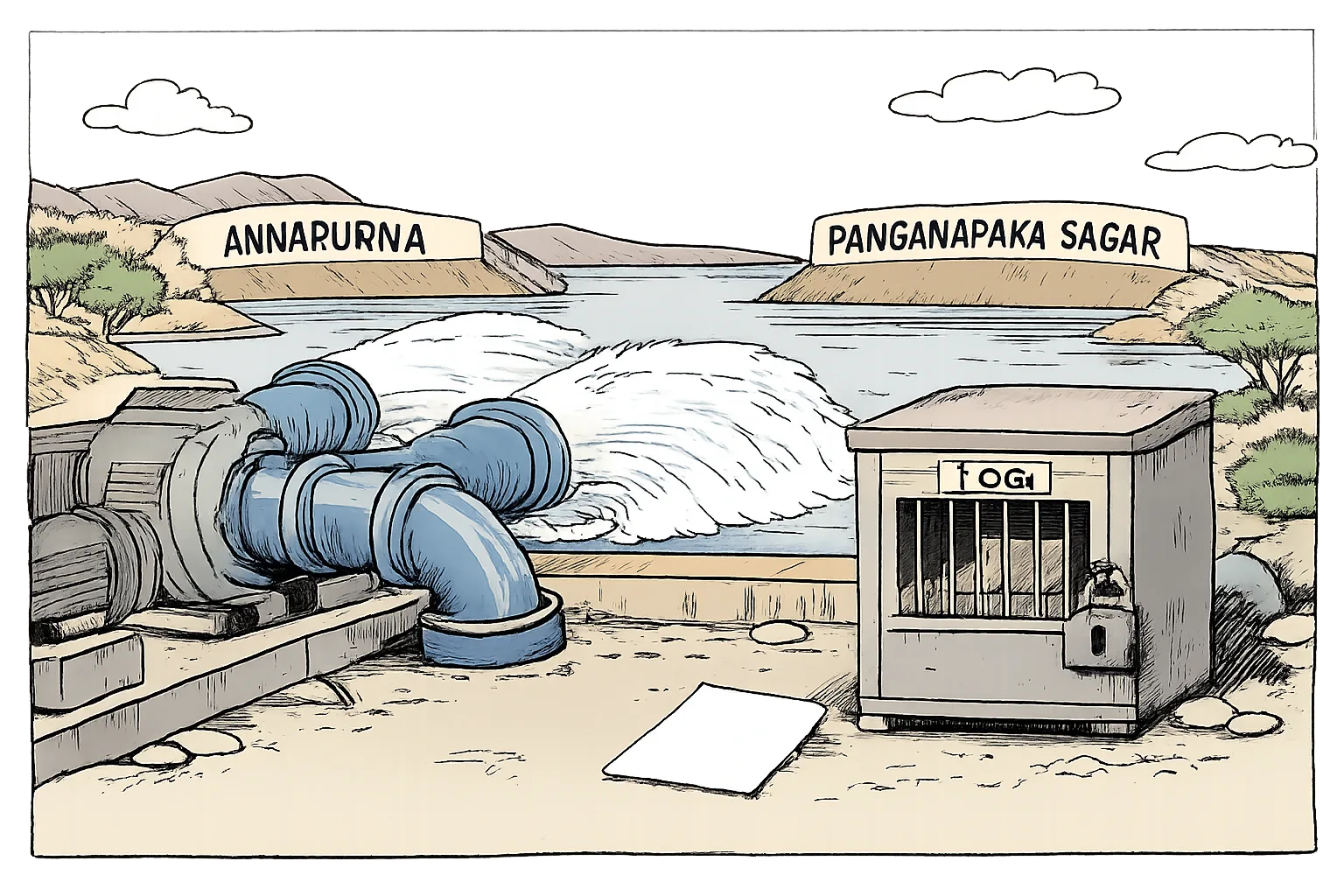 A large pump sends water through two pipelines toward reservoirs labelled Annapurna and Ranganayaka Sagar, while a small locked cupboard marked LOG holds an empty ledger beside the pump-house.