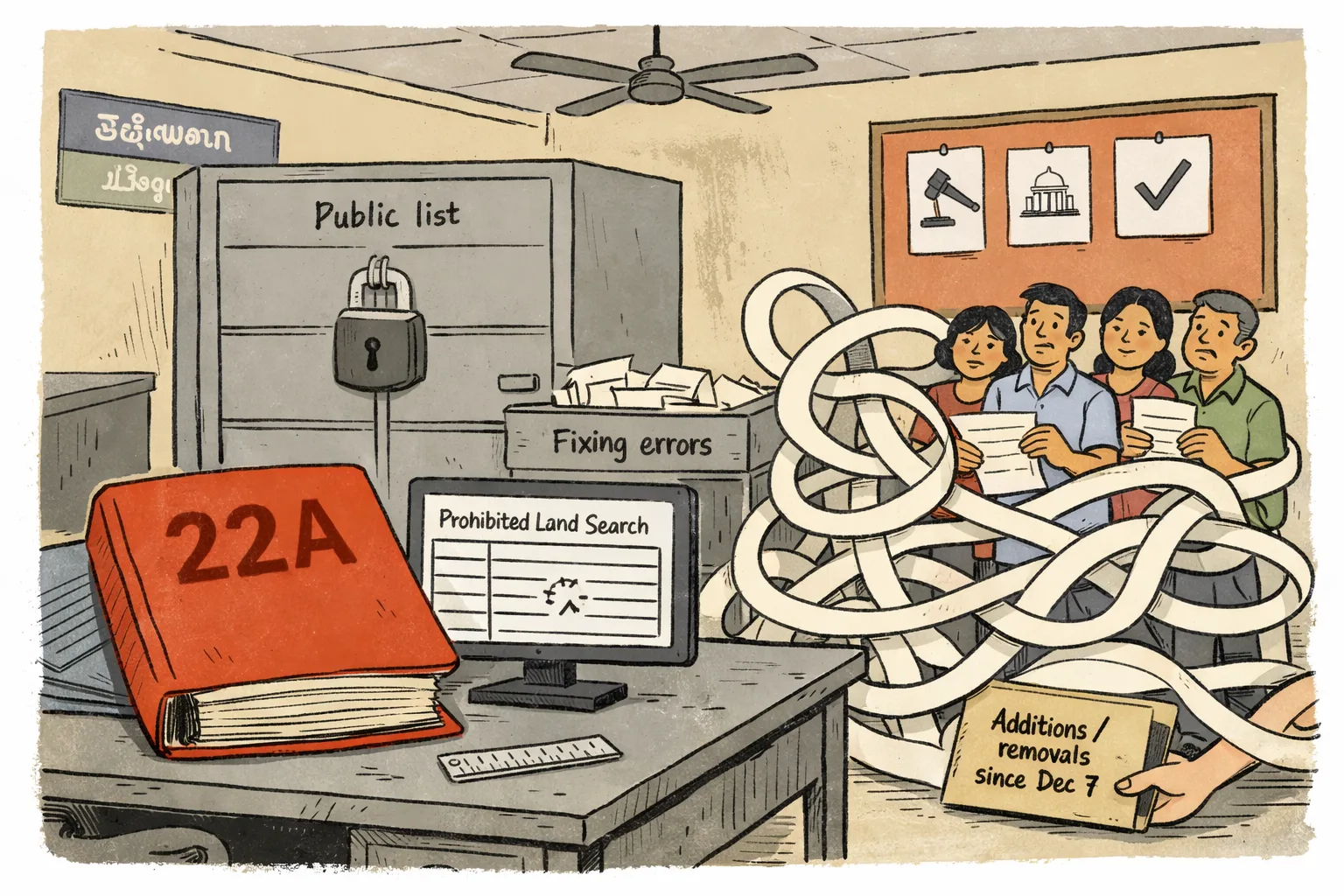 A giant 22A file sends paper strips into a maze around puzzled landowners, while a locked cabinet labelled Public list stands behind a government desk and blank files wait nearby.