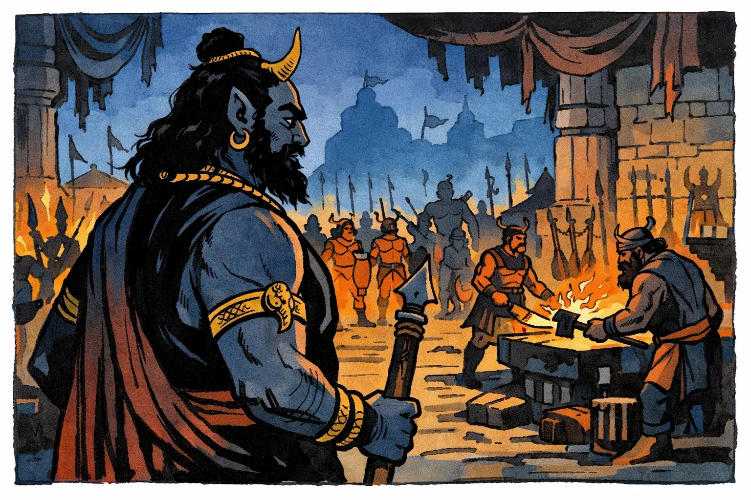 A shadowed mythological guru stands in a stone war chamber while distant figures prepare for battle.