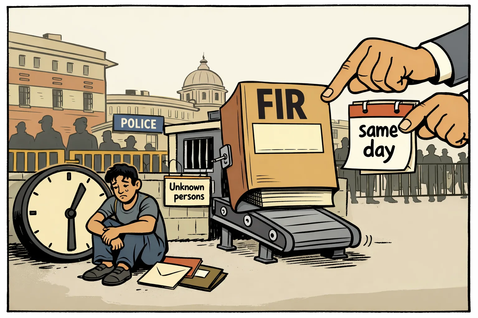 Outside a Delhi police office, a young protester sits beside a six-hour clock while a huge FIR file emerges from a window with its timestamp blank; institutional hands point to a calendar marked “same day”.