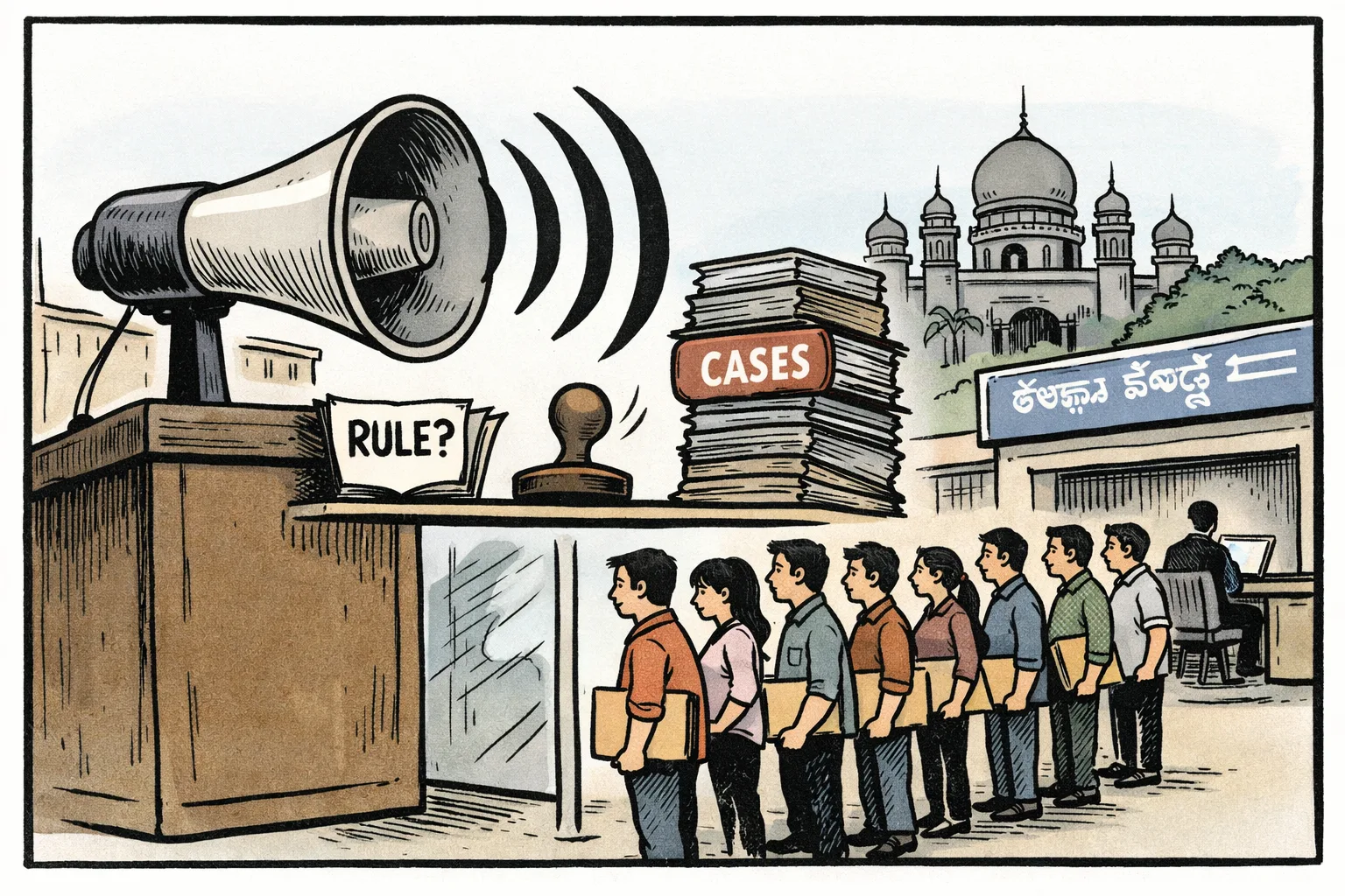 A Telangana government loudspeaker hangs above a recruitment desk, projecting a warning toward a queue of young applicants, while a huge blank rulebook lies open beside police-case files and a Telangana High Court building in the background.