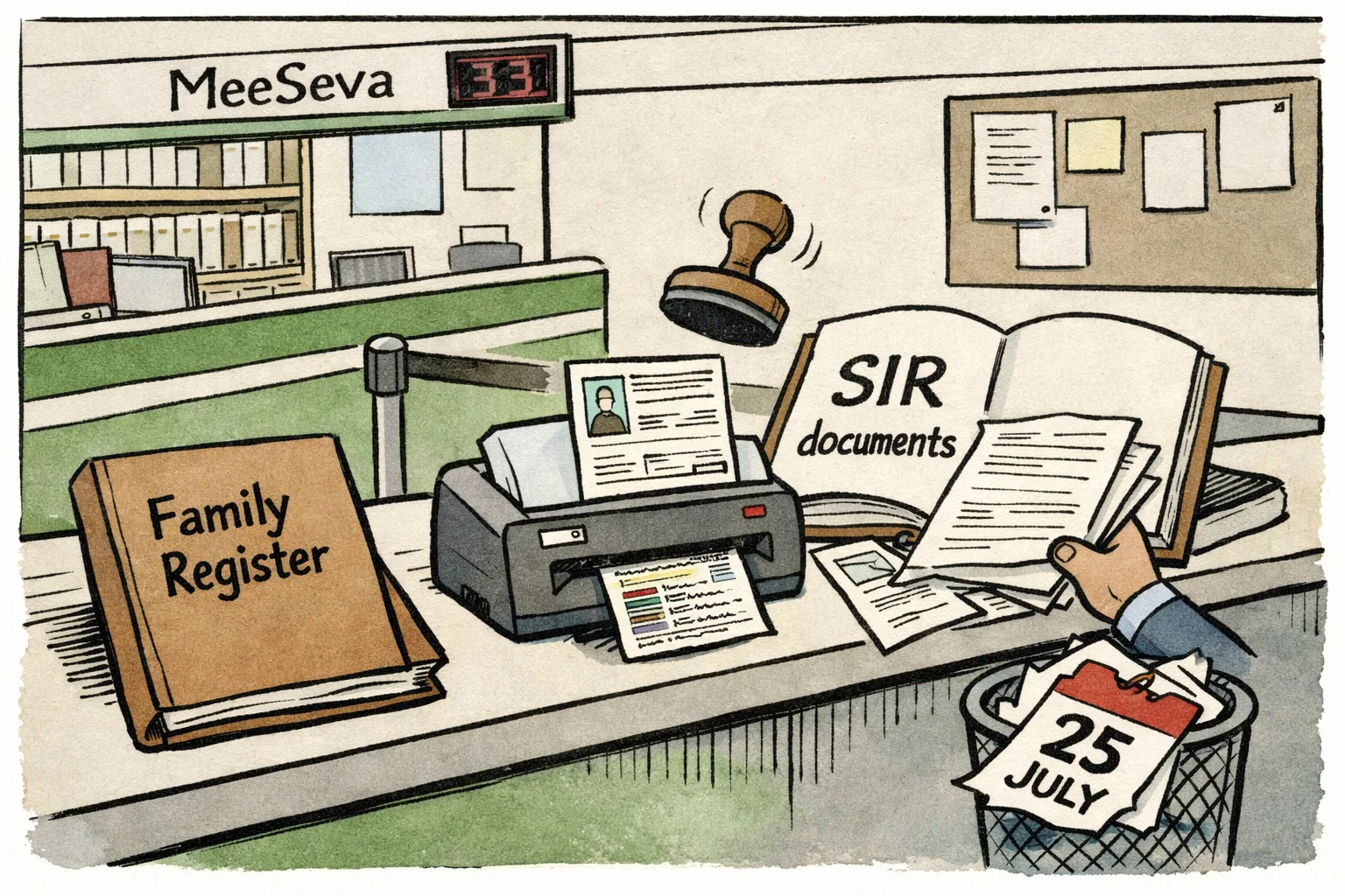 A MeeSeva counter displays a Telangana Family Register certificate while an Electoral Registration Officer examines it beside a thick rulebook and a verification stamp; a discarded calendar marked July 25 lies on the floor.