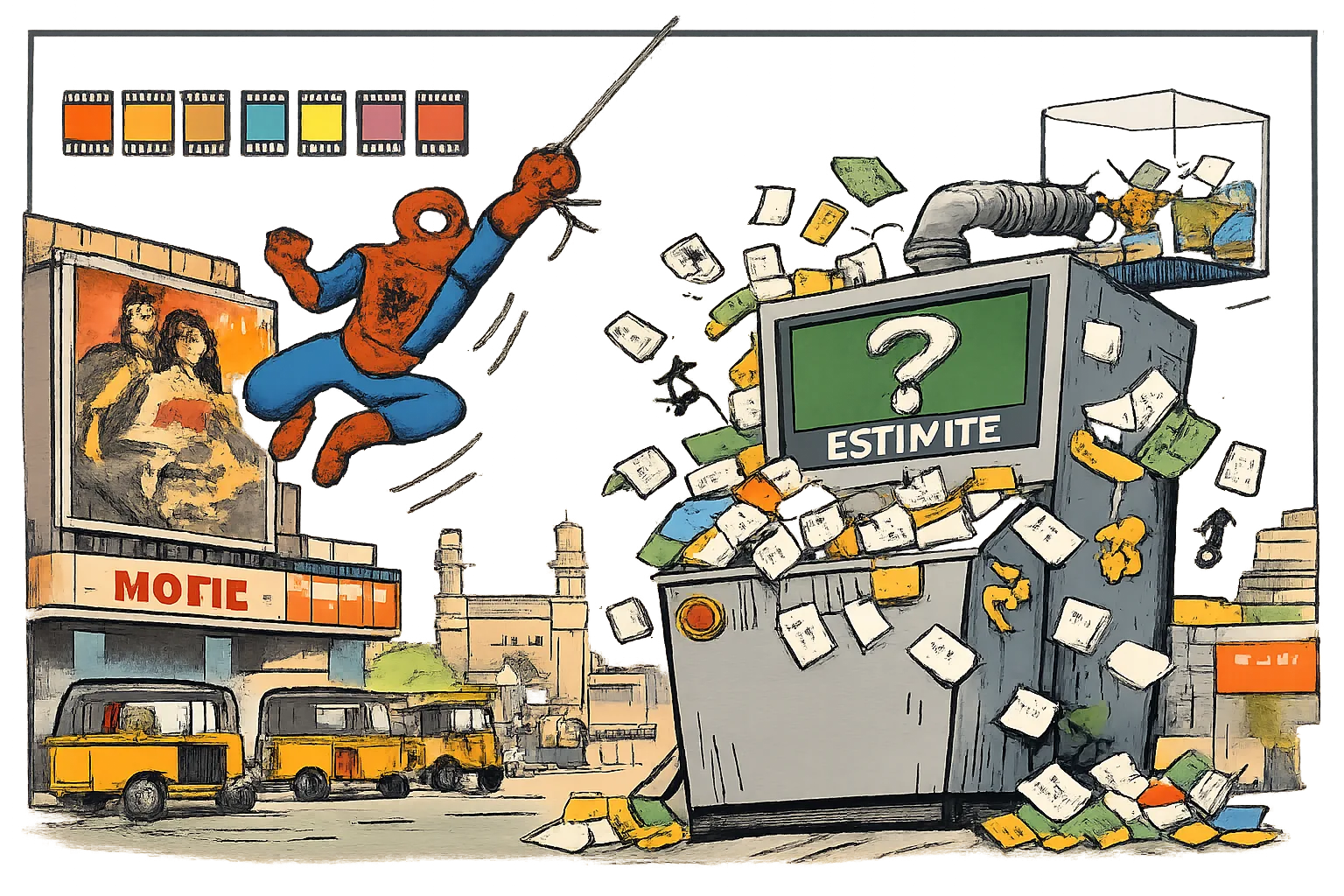A giant Spider-Man figure swings over a Hyderabad cinema street while oversized dollar signs and cinema tickets pour from a studio-estimate box into a counting machine marked with question marks.